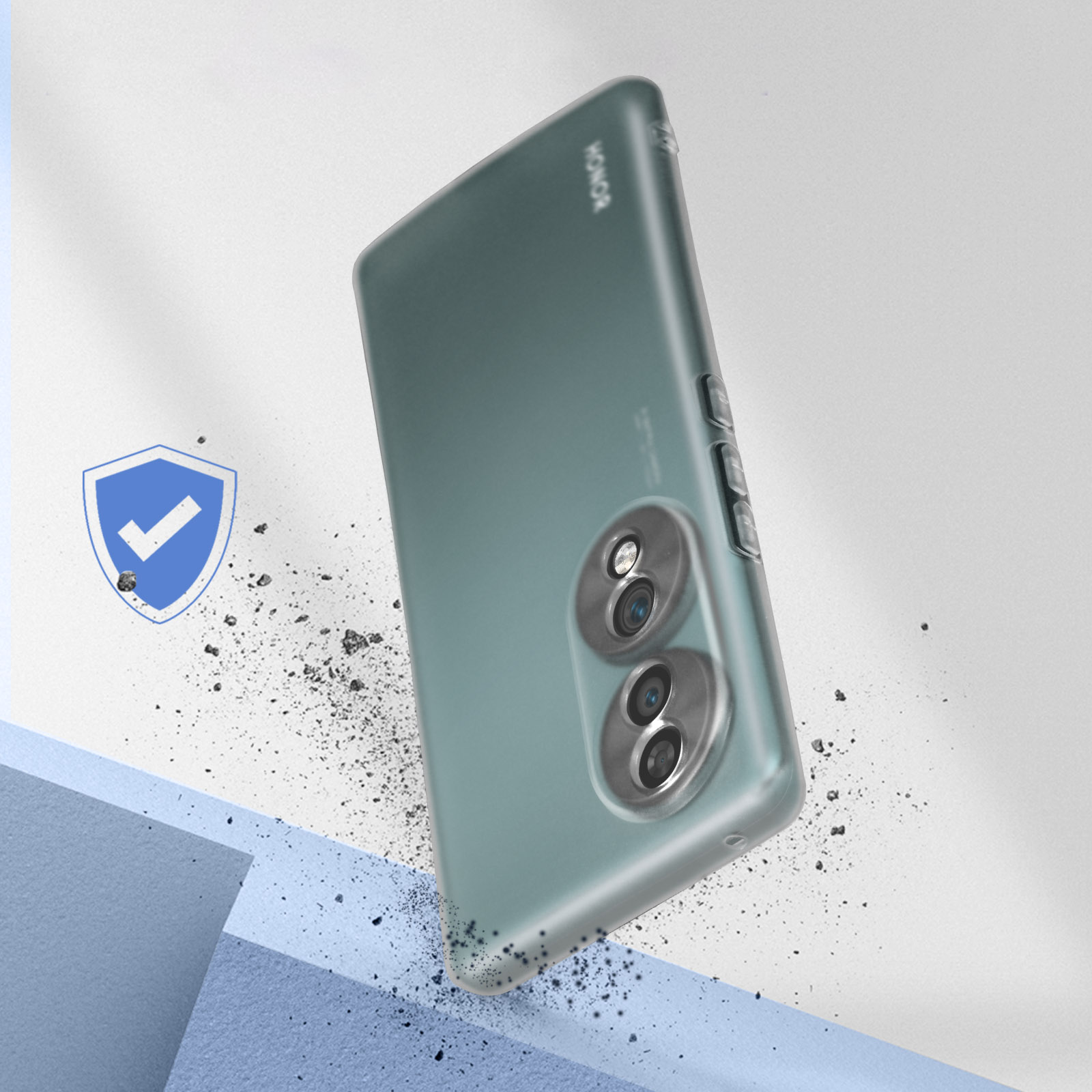 Custodia per telefono con la scritta HONOR. Uno scudo con un segno di spunta. Sfondo grigio.
