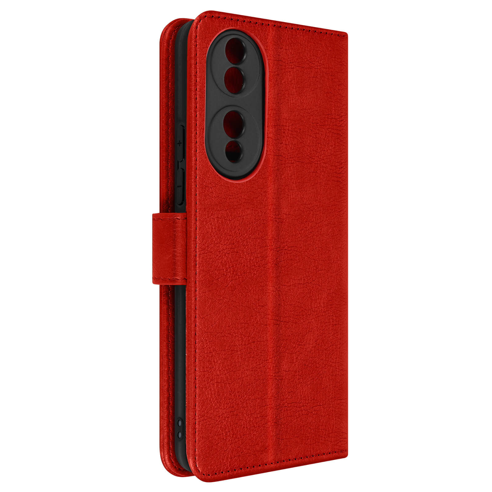 Custodia rossa con un telefono. La custodia è chiusa. La custodia ha una cinghia.