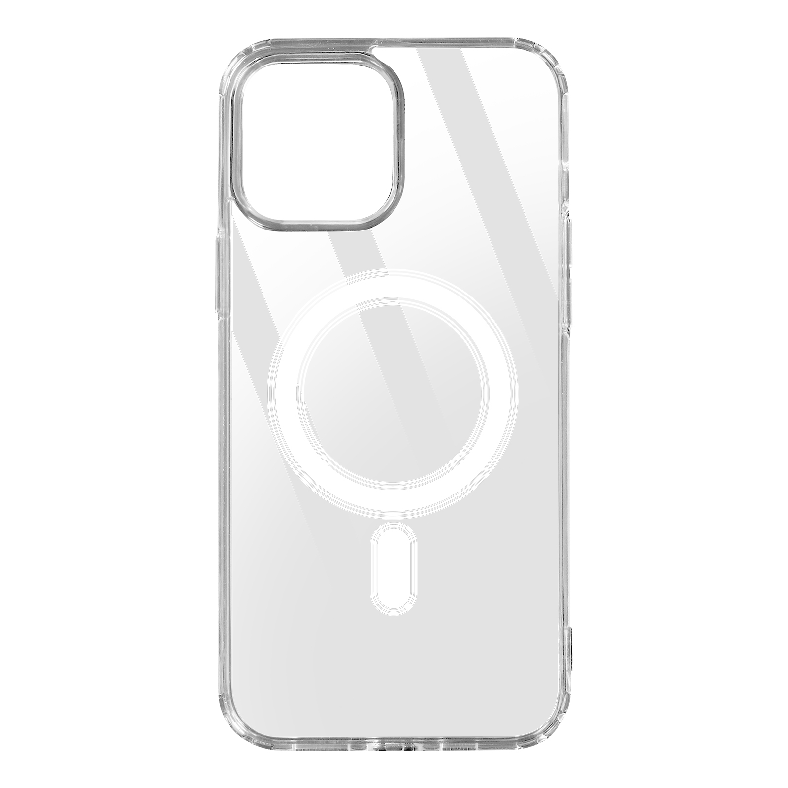 Transparente Handyhülle mit weißem Kreis und kleinem weißen Rechteck. Weißer Hintergrund.