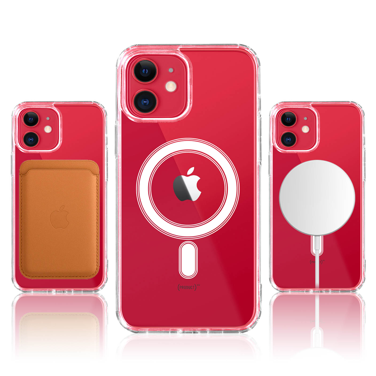 Drei rote Handyhüllen: eine mit Kartenhalter, eine mit MagSafe und eine mit MagSafe-Ladegerät.