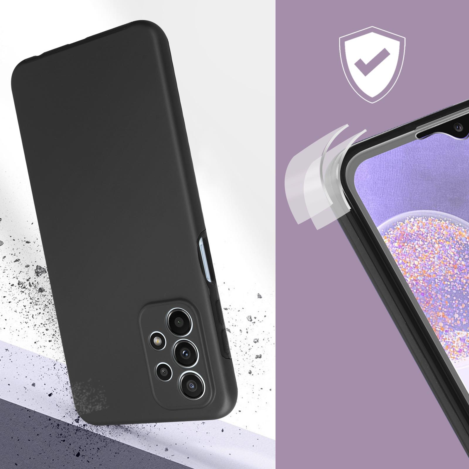 Custodia nera per telefono, vista laterale, con un telefono dentro. Sfondo viola con scudo.
