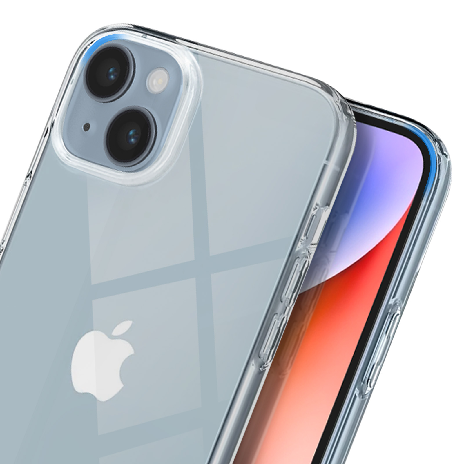 Custodia trasparente per telefono, iPhone all'interno. Fotocamera e logo Apple visibili.