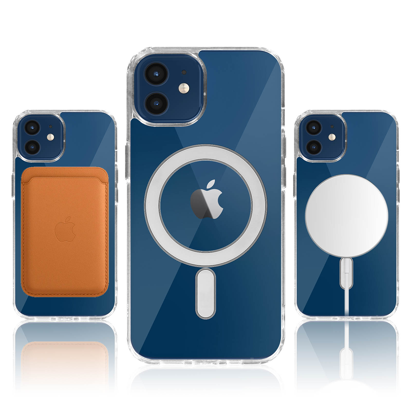 Tre iPhone con custodie: uno con porta carte, uno con base di ricarica.