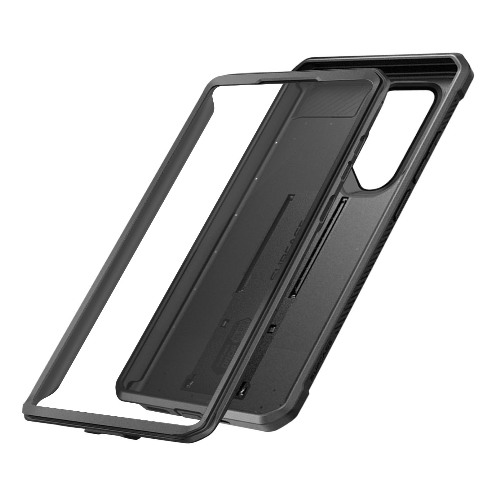 Cornice e pannello posteriore della custodia del telefono neri, separati, su sfondo bianco.