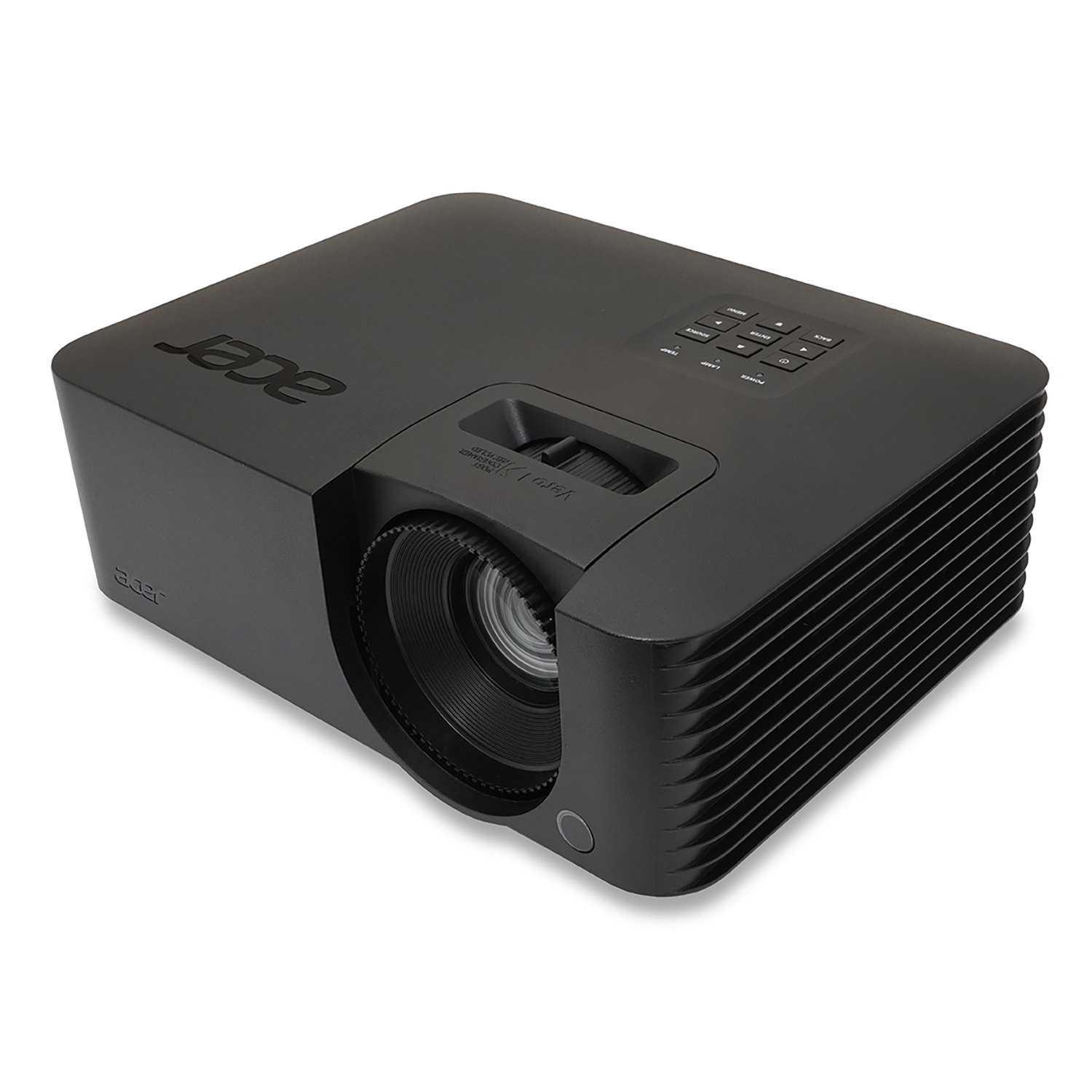Czarny projektor Acer na białej powierzchni. Widoczny obiektyw, przyciski i logo.