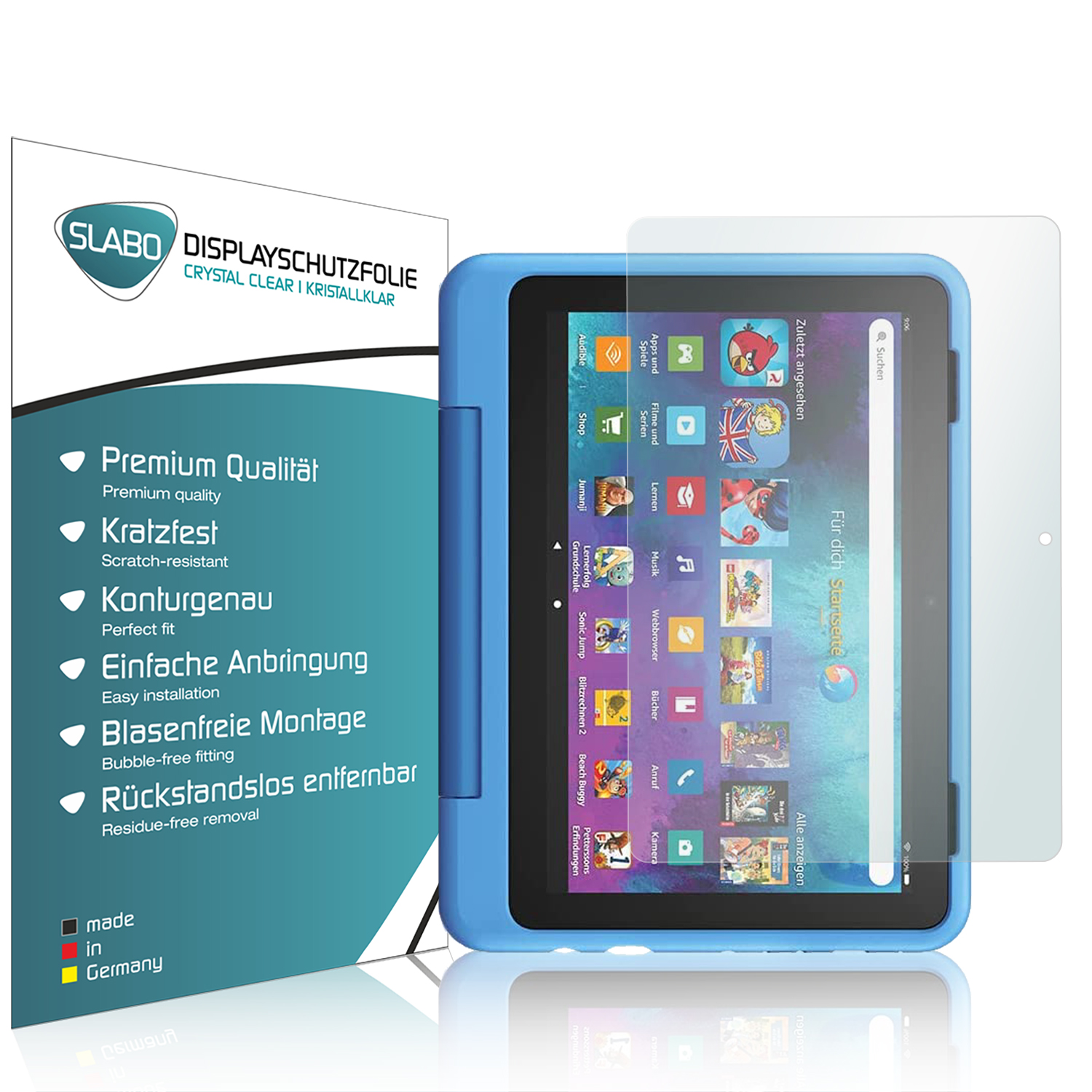 Blaue Tablethülle mit Displayschutz. Tablet rechts mit sichtbaren Symbolen auf dem Bildschirm.