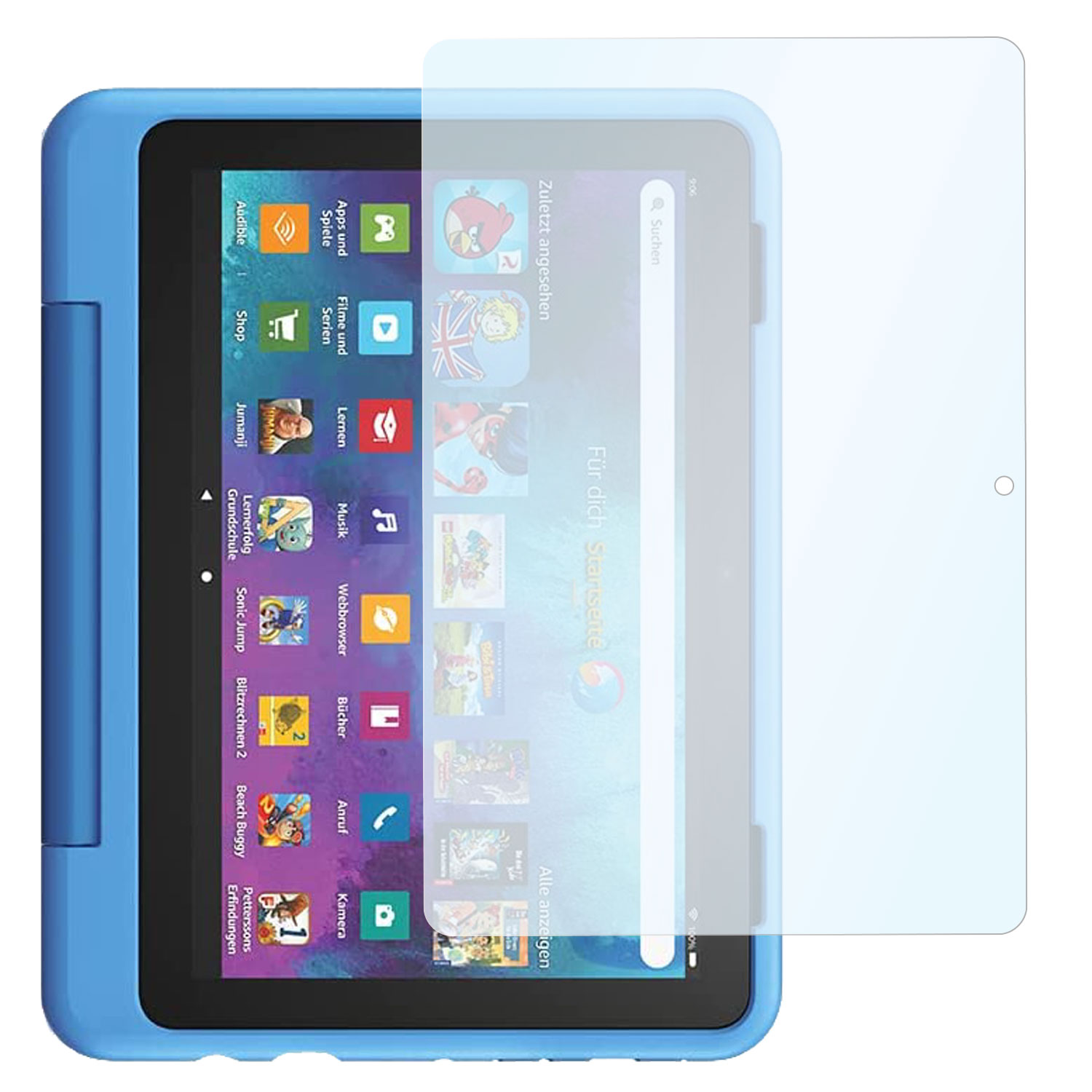 Eine blaue Tablet-Hülle mit Displayschutzfolie. Der Bildschirm zeigt eine farbenfrohe App-Oberfläche.