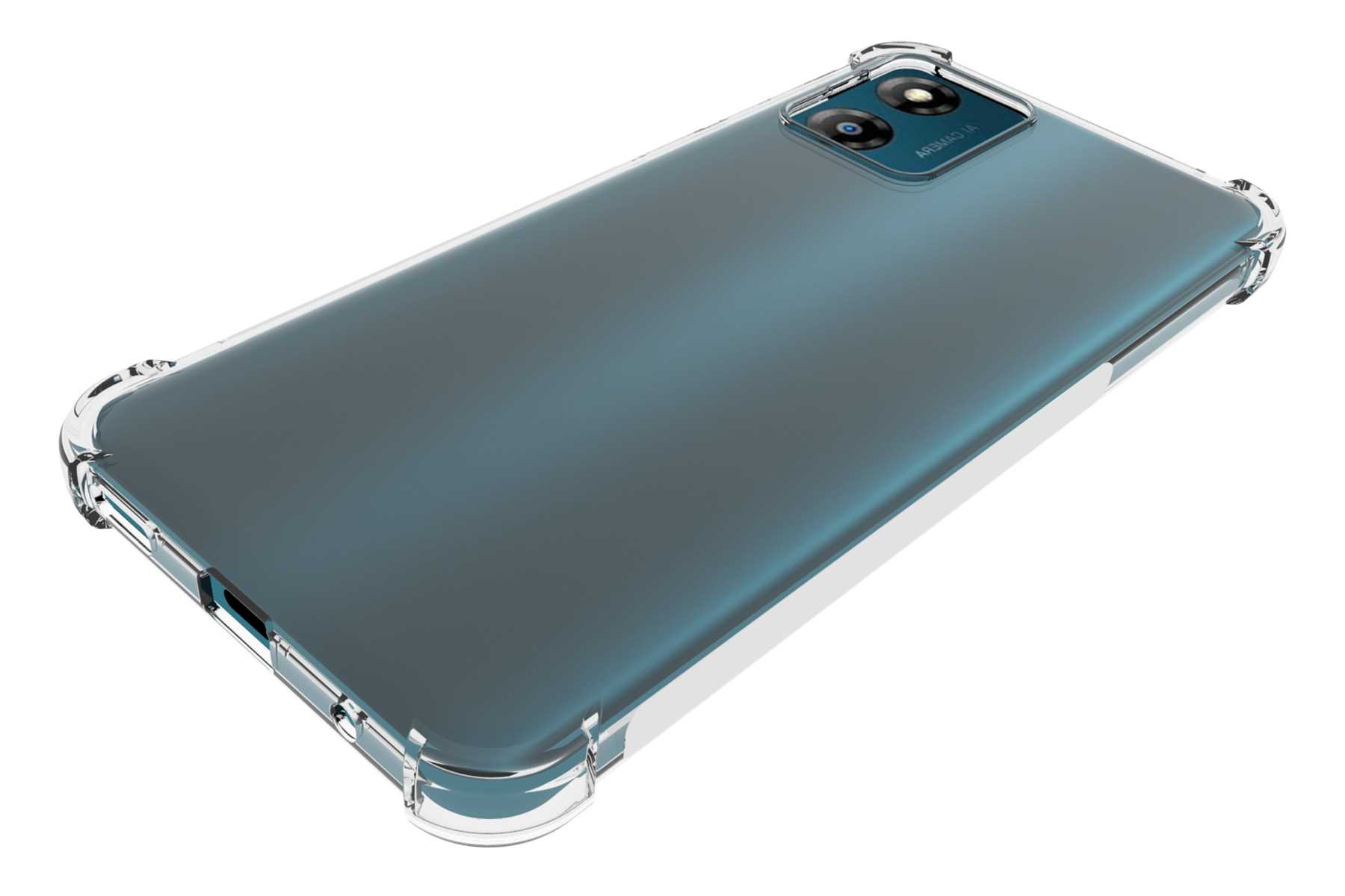 Smartphone in einer durchsichtigen Hülle. Das Telefon ist dunkelblau, mit einer Dual-Objektiv-Kamera auf der Rückseite.