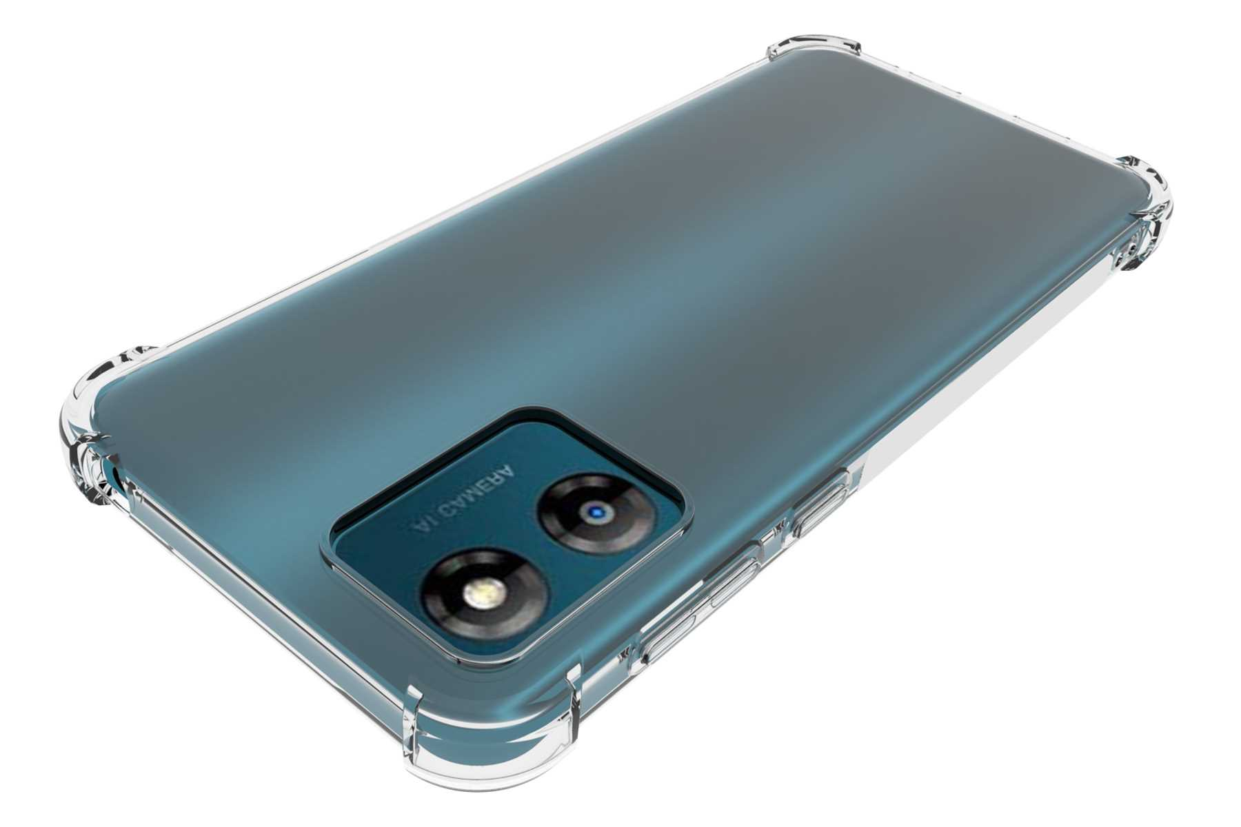 Eine transparente Handyhülle auf einem Telefon mit Dual-Kamera-Design, zeigt die Rückseite des Telefons.