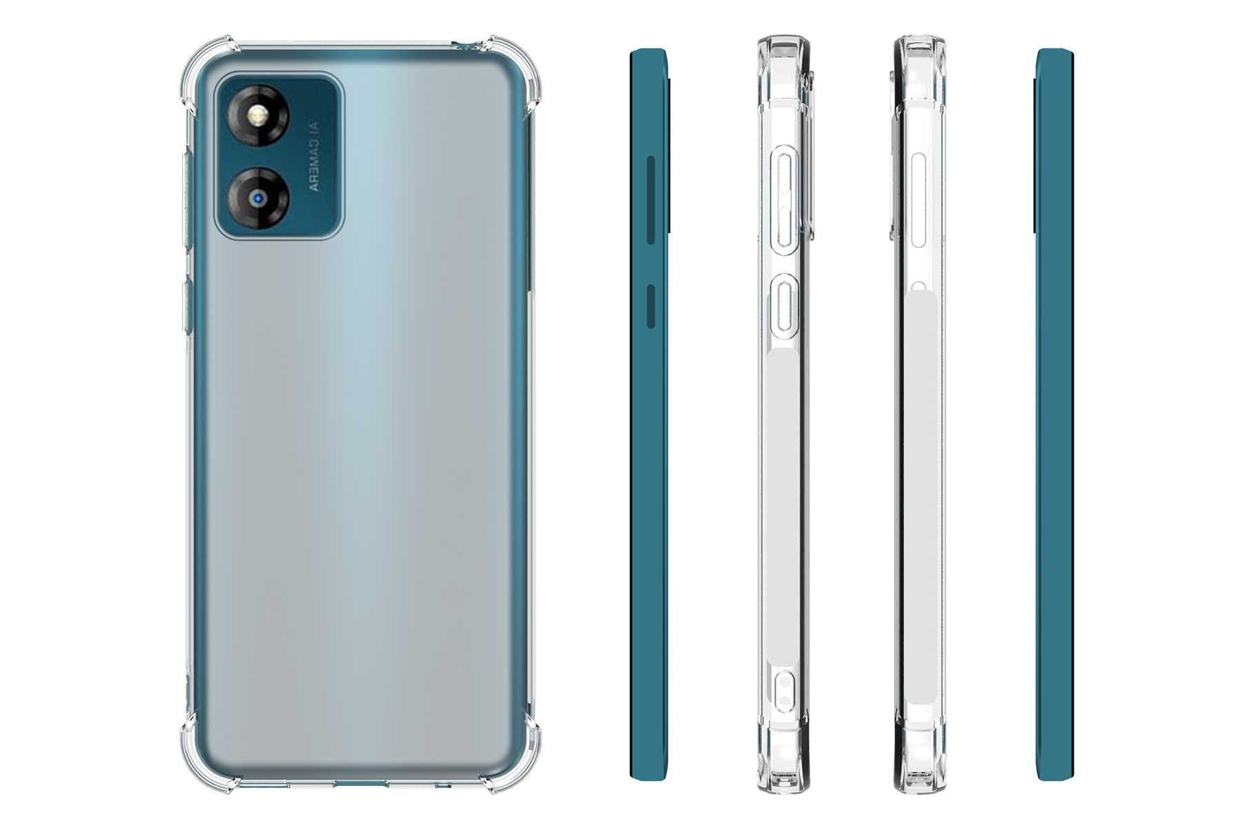 Eine Handyhülle, verschiedene Winkel. Transparent mit blauem Rahmen und Kameraausschnitt. Weißer Hintergrund.