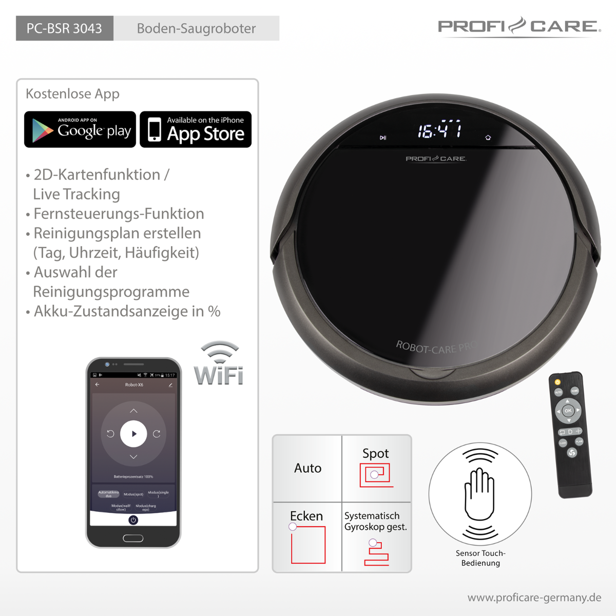 Odkurzacz robot z pilotem i ekranem aplikacji, nakładka tekstowa.