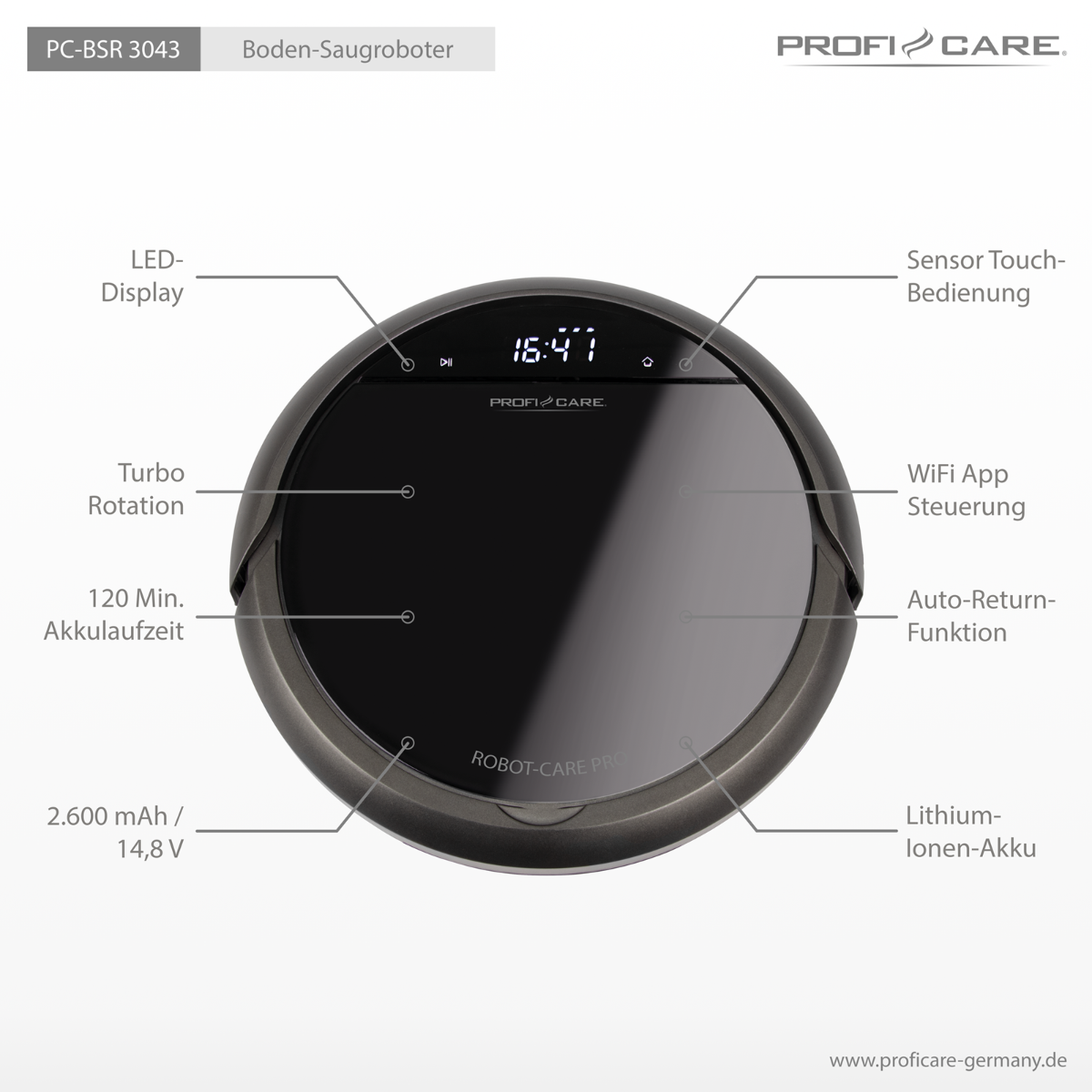 Robot sprzątający z wyświetlaczem LED. Etykiety: Obrót Turbo, aplikacja WiFi, bateria.
