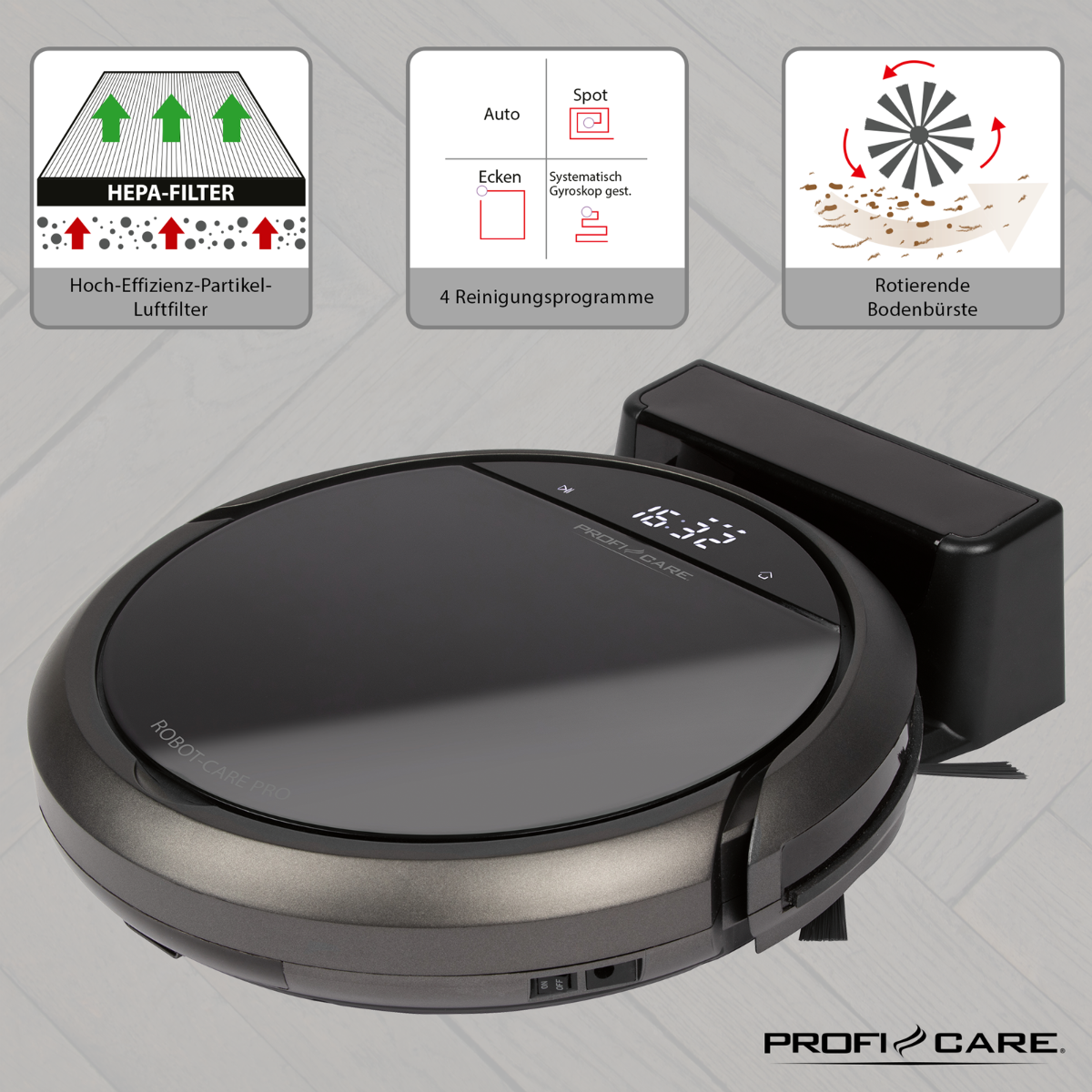 Robot odkurzający ze stacją ładującą. Widoczne ikony różnych trybów czyszczenia.