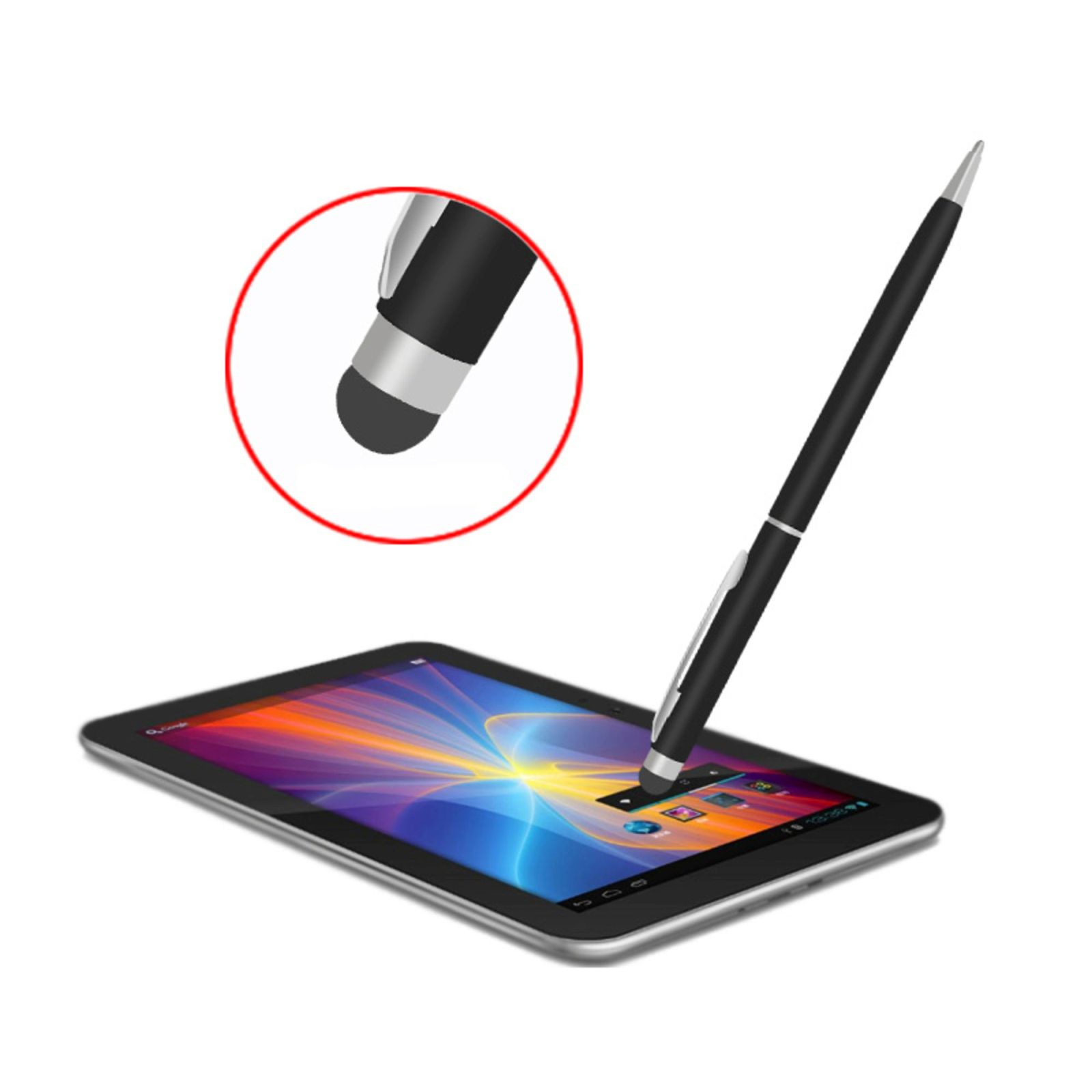 Ein schwarzer Stift berührt einen Tablet-Bildschirm. Ein vergrößerter Kreis zeigt Details der Stiftspitze.