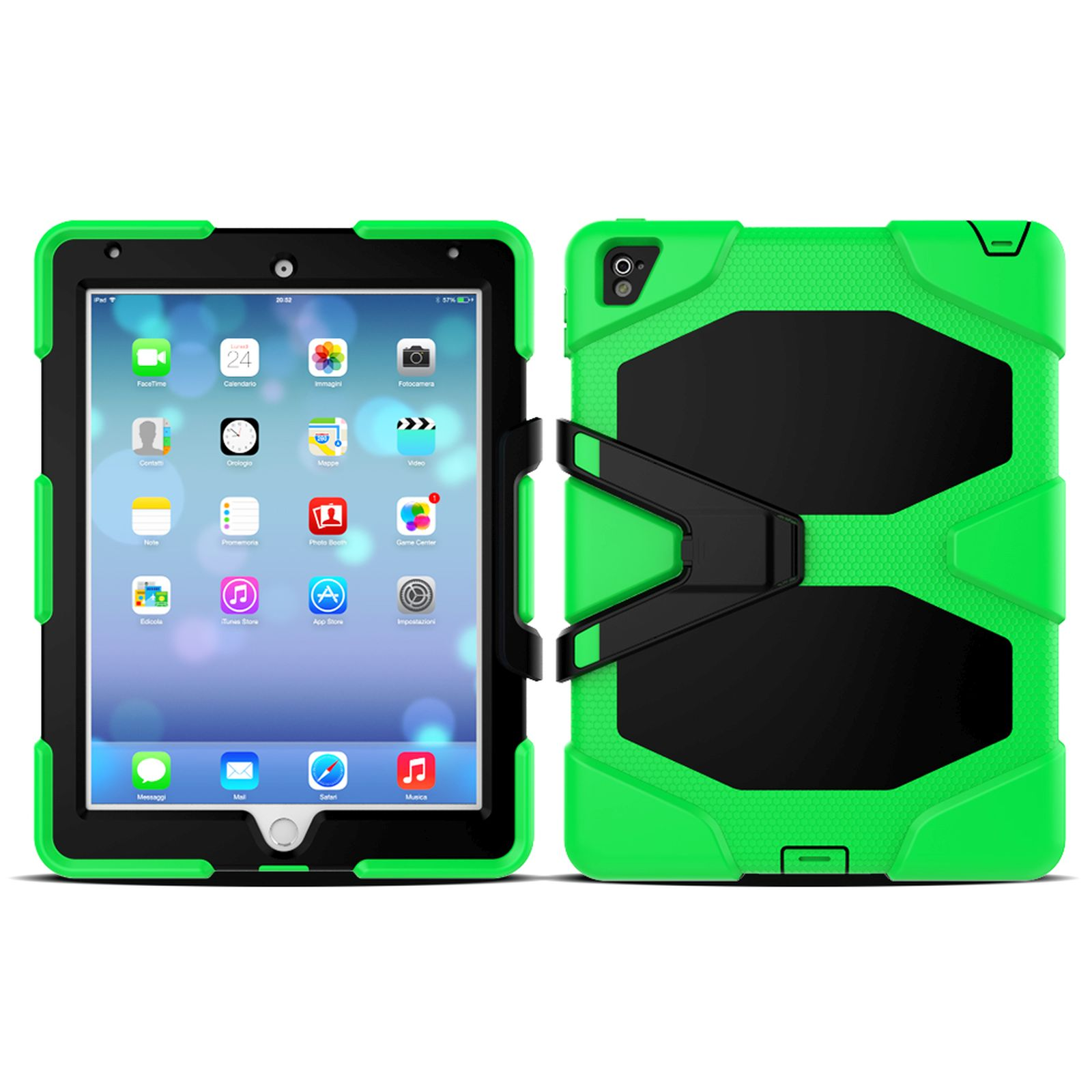 Eine grüne und schwarze Tablethülle. Das Tablet ist links, die Hülle rechts.