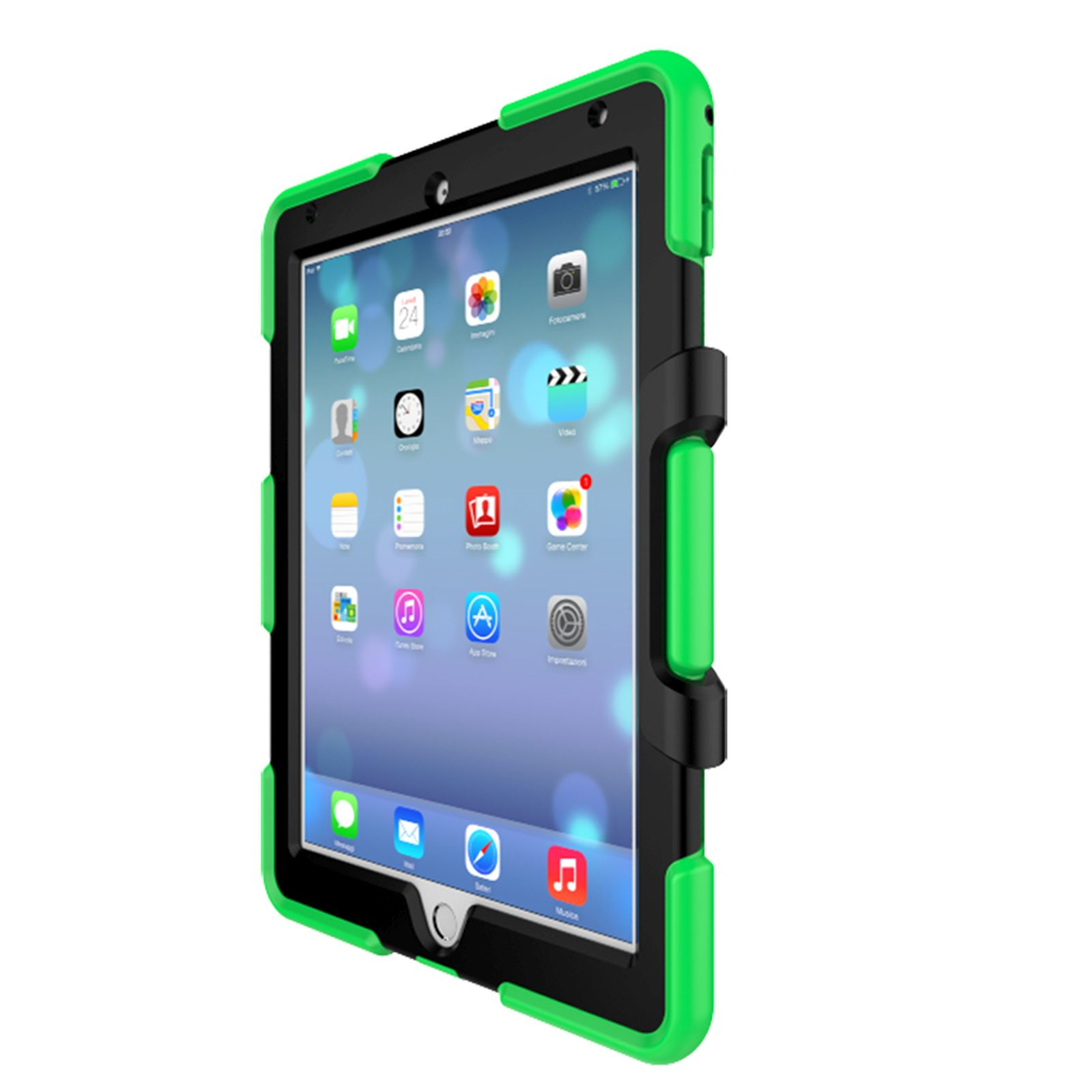 Grüne und schwarze Tablethülle. Tablet zeigt App-Symbole. Weißer Hintergrund.