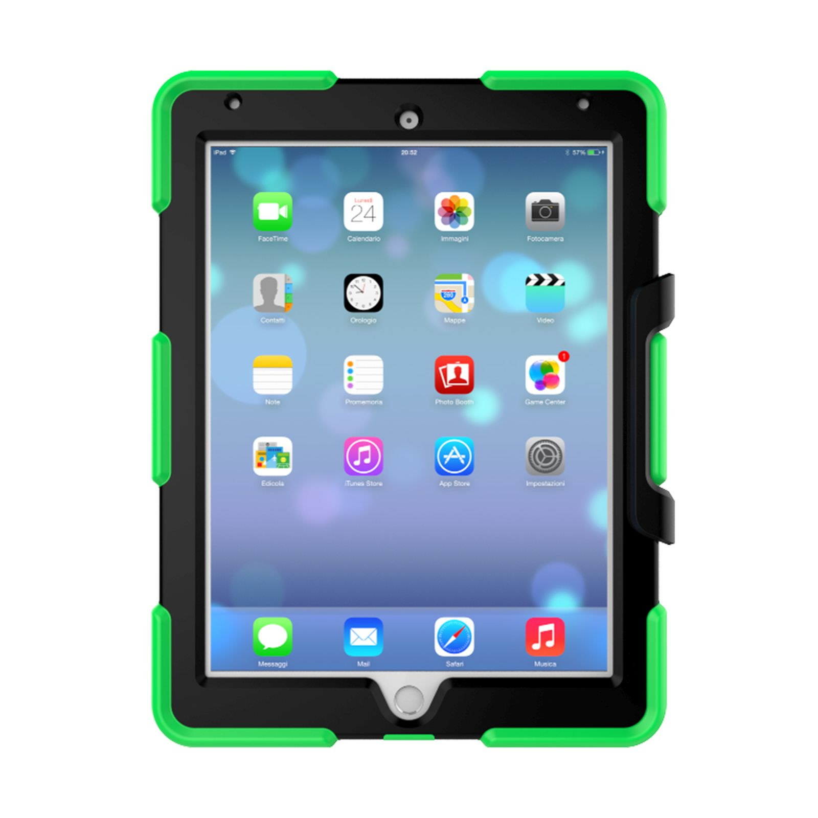 Tablet in einem schwarz-grünen Gehäuse. Der Bildschirm zeigt App-Symbole.