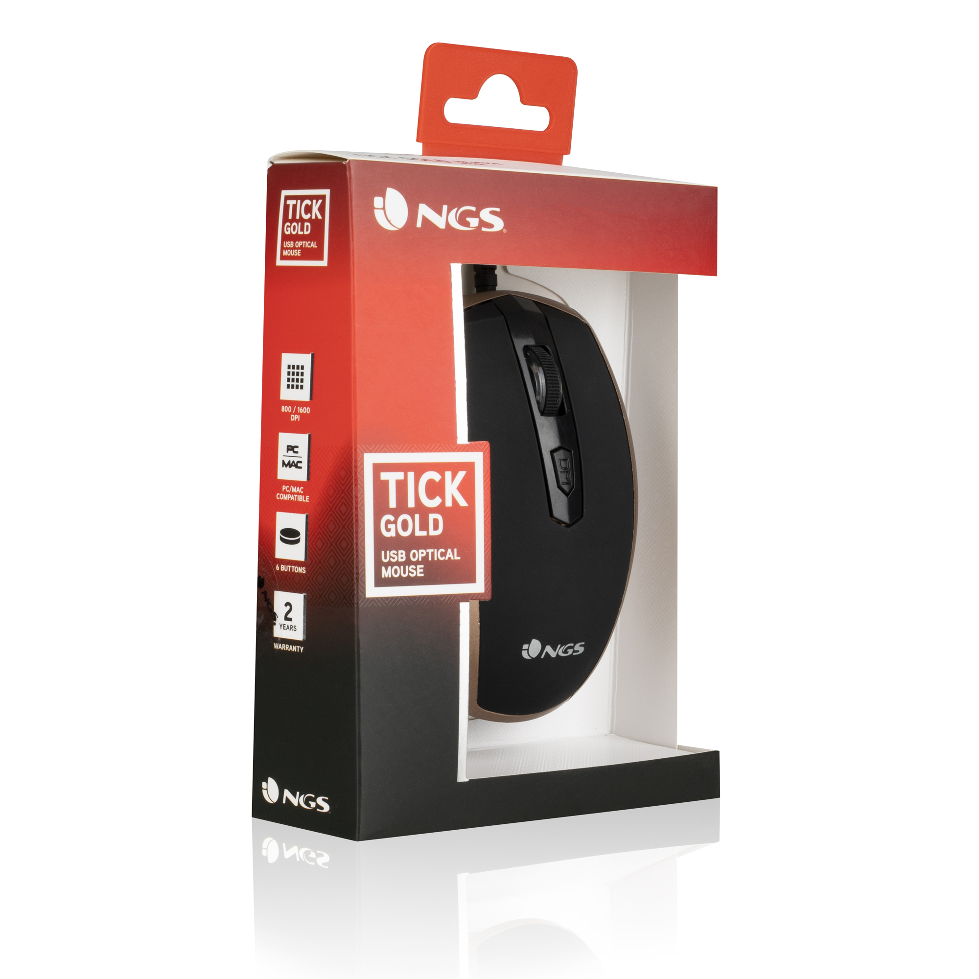 Schwarze NGS Tick Gold USB-Optikmaus in ihrer rot-schwarzen Box. Die Box hat Produktinformationen.