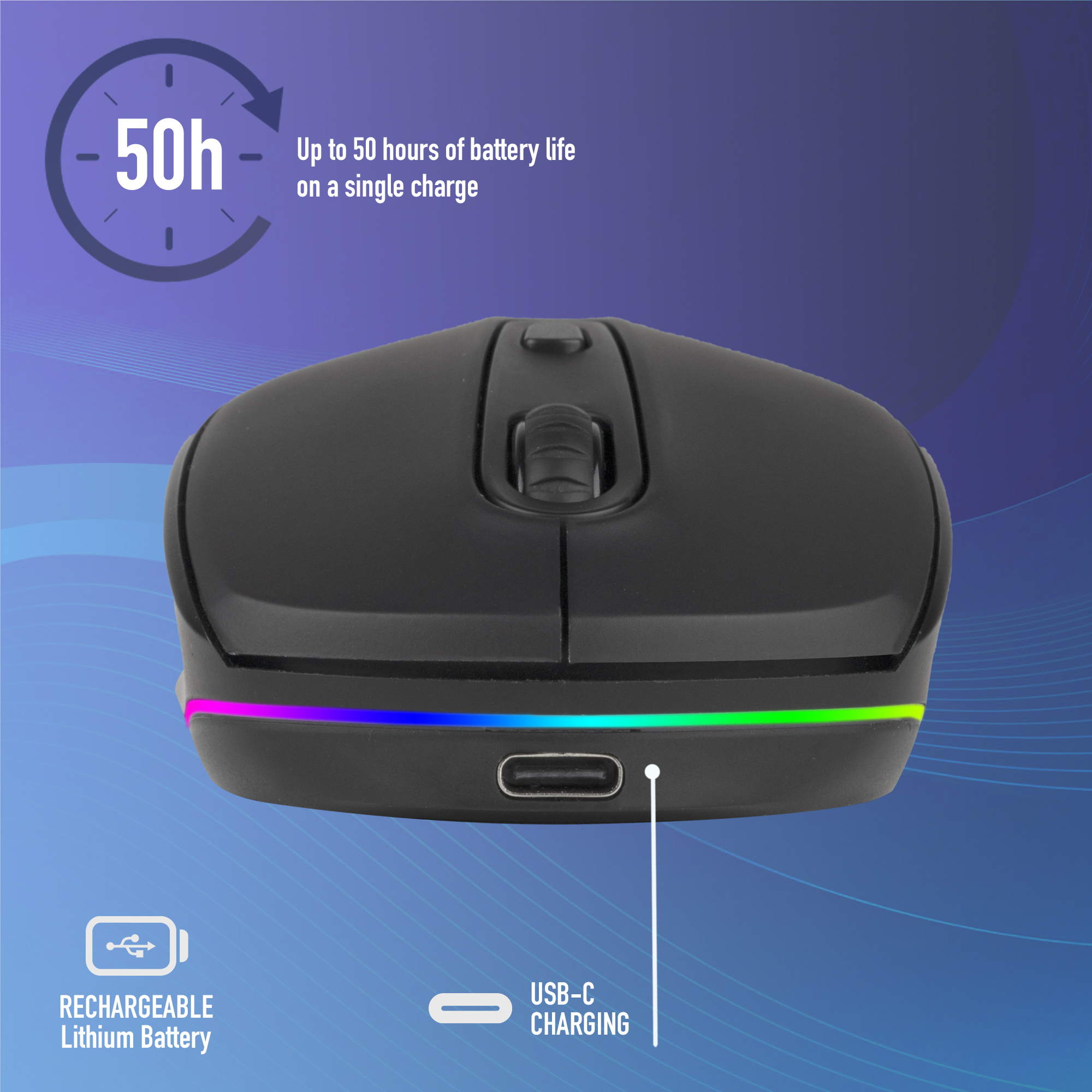 Een zwarte draadloze muis met kleurrijke LED's en een oplaadpoort, met batterij-info.