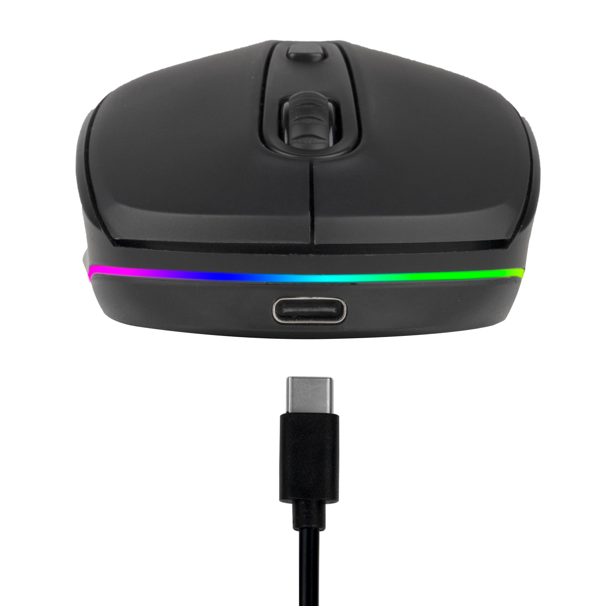 Zwarte computermuis met een oplaadkabel. De muis heeft RGB-verlichting.