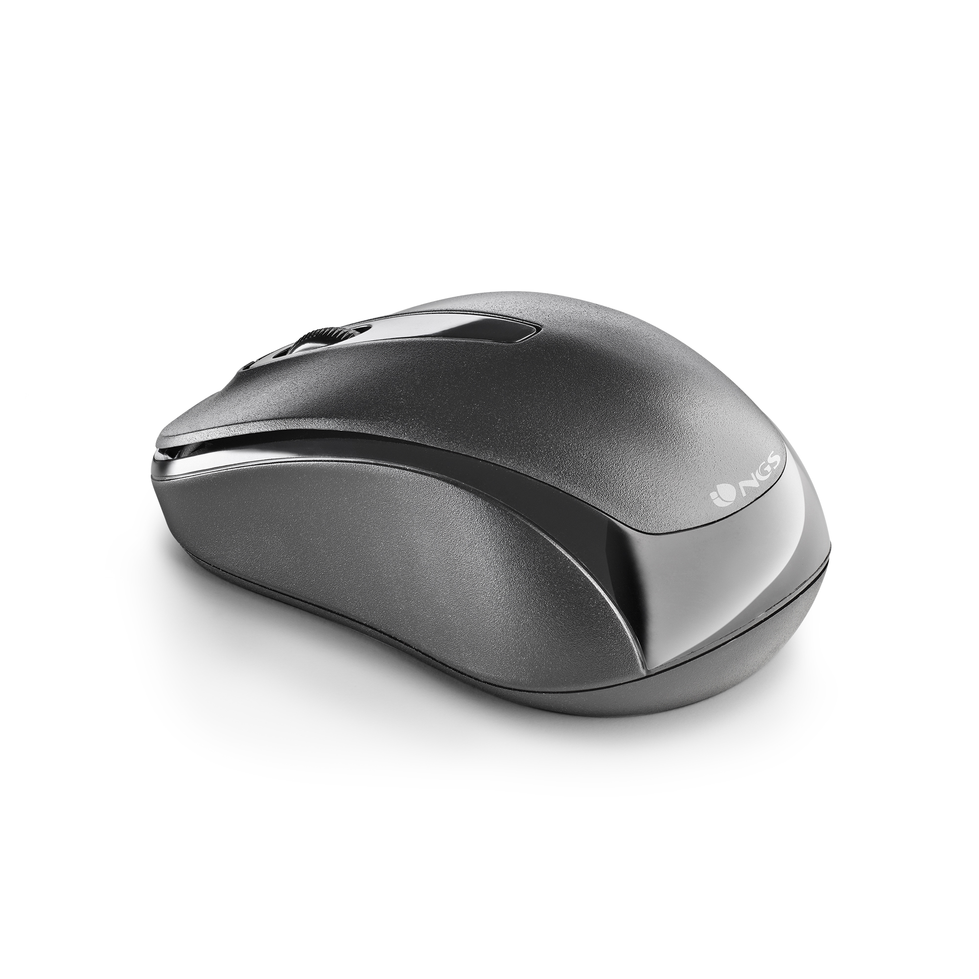 Dunkelgraue Computermaus auf weißer Oberfläche. Die Maus hat silbernen Akzent.