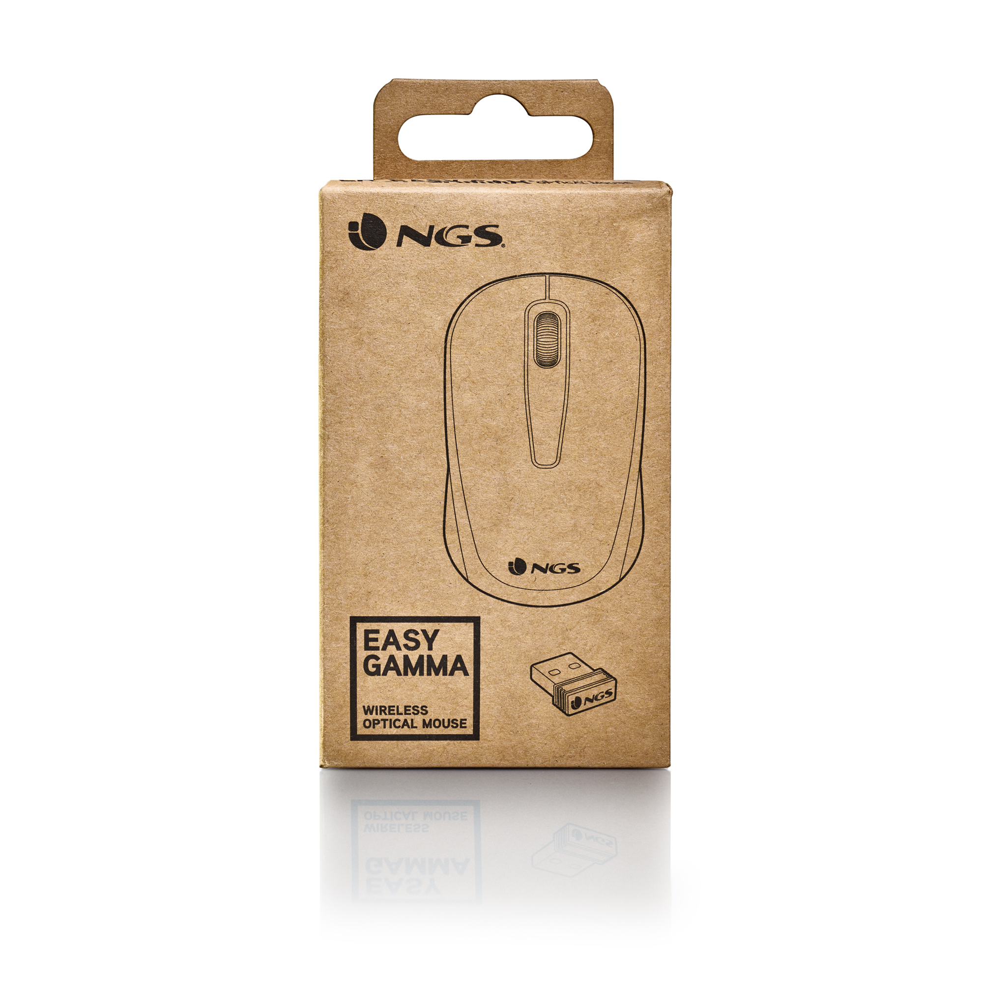 Eine Computermaus in ihrer Verpackung mit Illustration und Markennamen, auf weißer Oberfläche.
