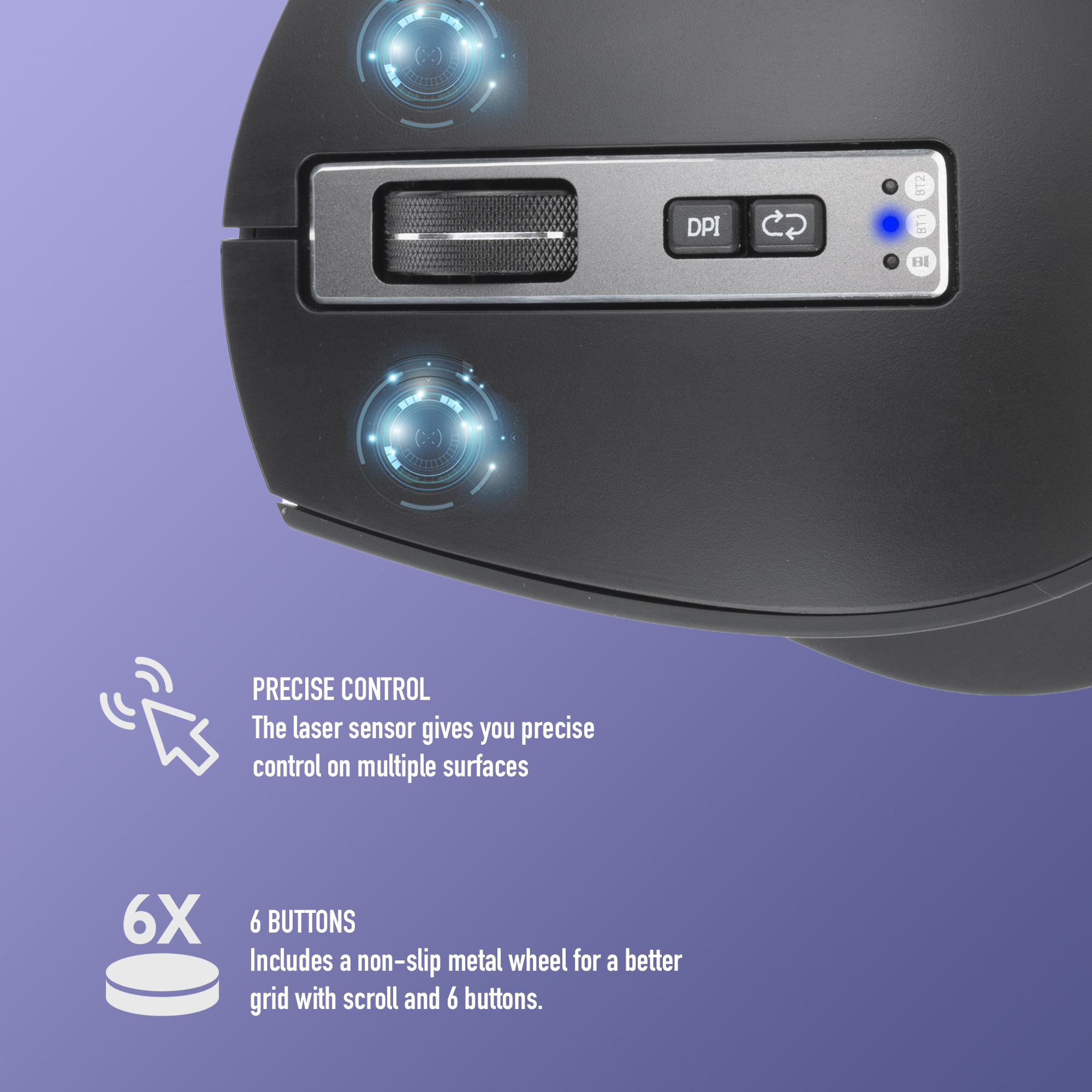 Czarna bezprzewodowa mysz z przyciskami i kółkiem przewijania. Tekst po lewej stronie wskazuje '6 przycisków'.