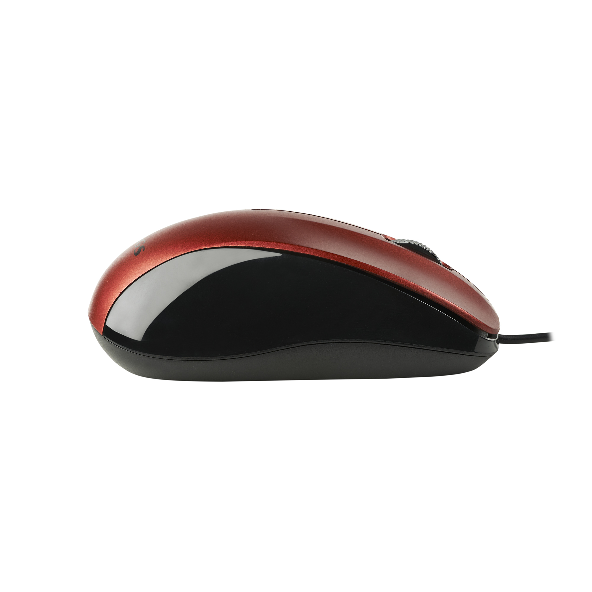 A red and black computer mouse. The mouse is on a white background.