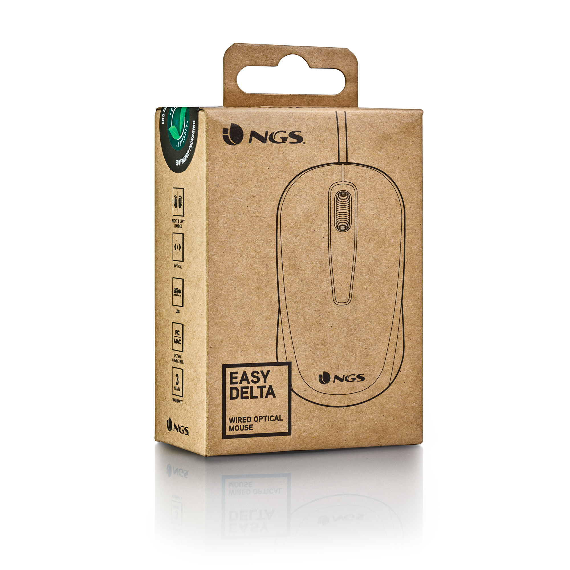 Brązowe pudełko z etykietą 'EASY DELTA' i ilustracją myszy optycznej.