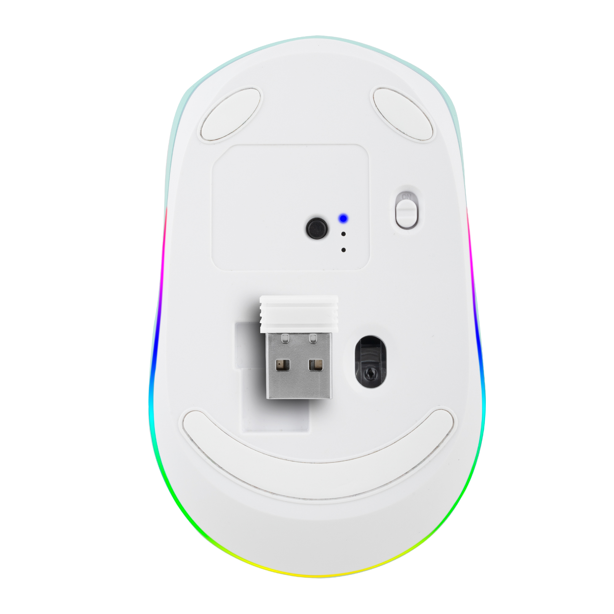 Biała mysz komputerowa. Jest do góry nogami. Na podstawie znajduje się port USB i włącznik/wyłącznik.