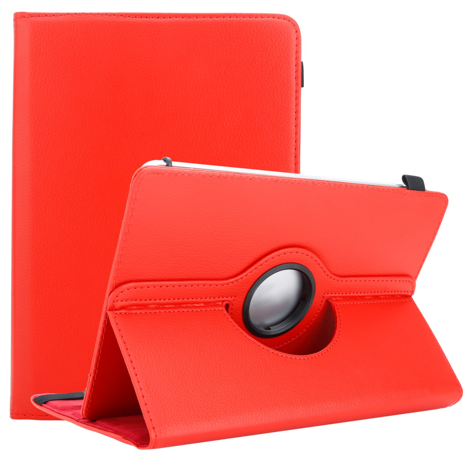 Custodia per tablet rossa in due posizioni. Una chiusa, l'altra aperta, che mostra lo schermo del tablet. Fodera interna nera.