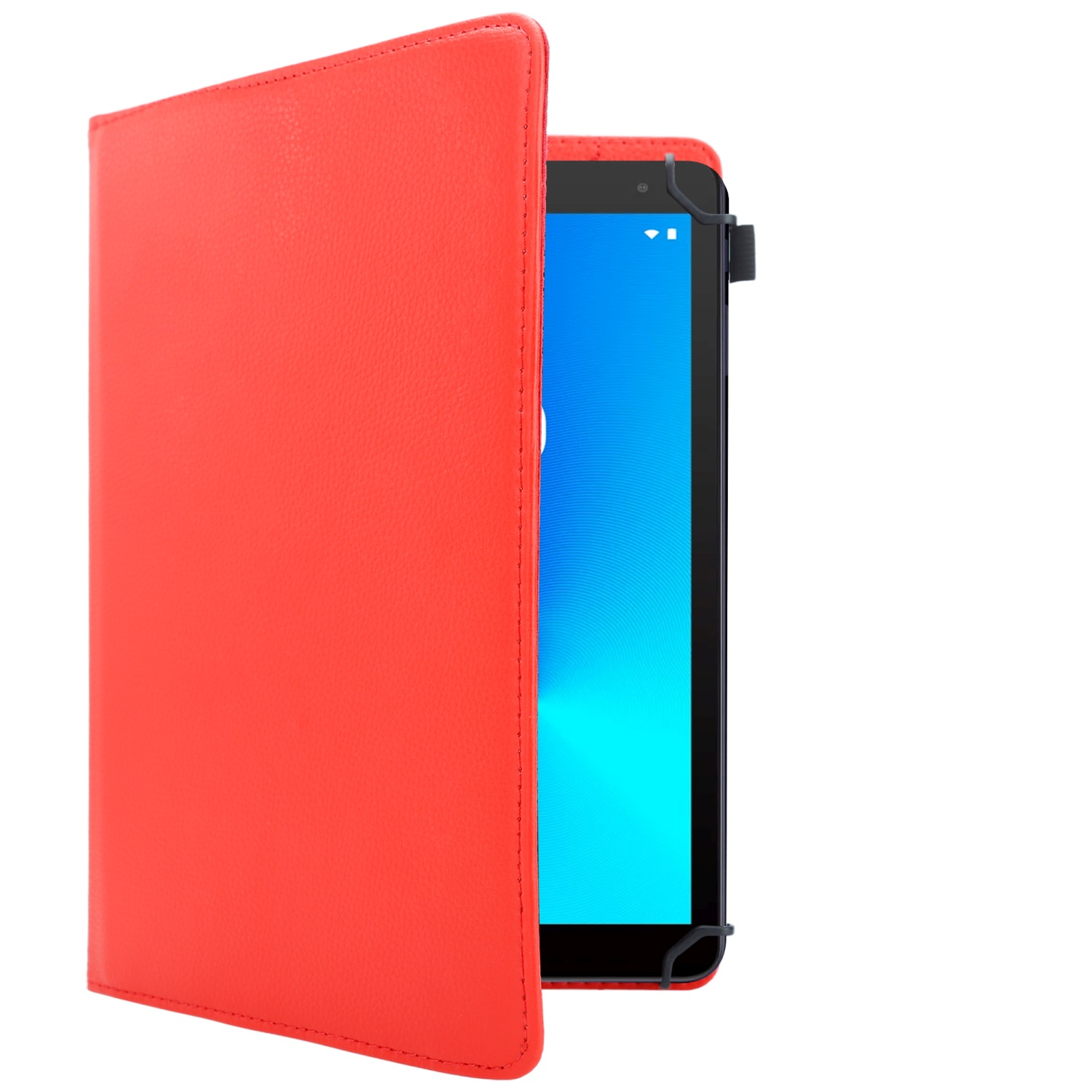 Una custodia rossa per tablet aperta, che rivela lo schermo del tablet.