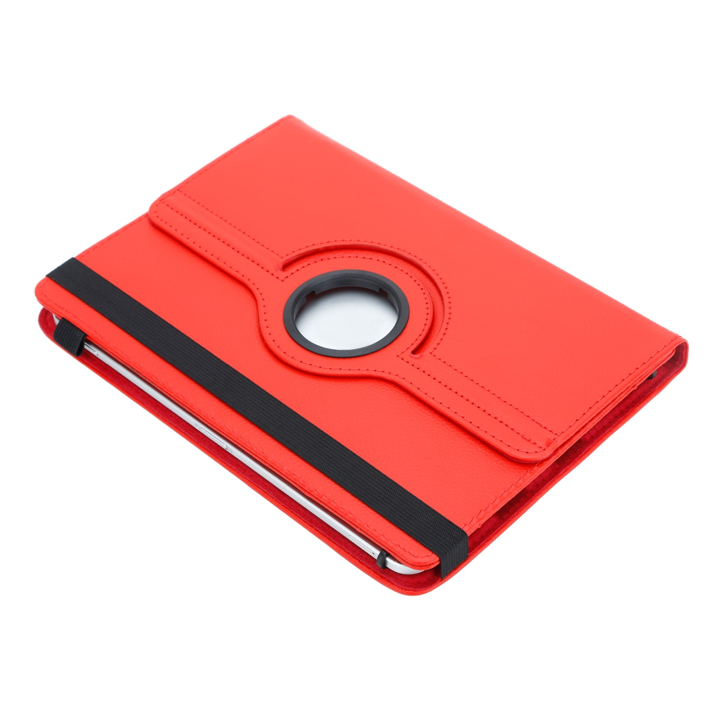 Custodia rossa per tablet con fascia elastica nera, foro centrale aperto e ritaglio per fotocamera.