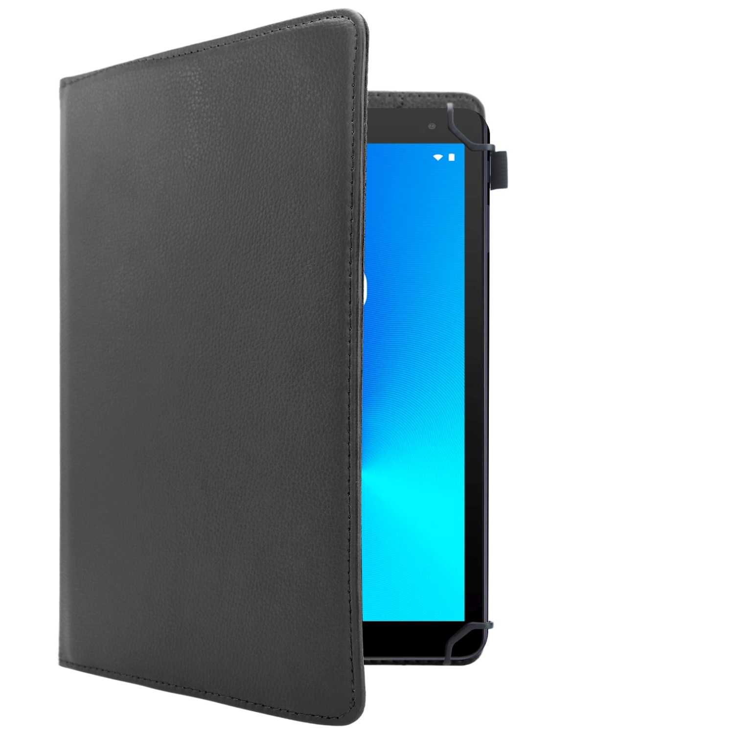 Une tablette noire dans un étui noir, ouverte pour révéler l'écran, fond blanc.
