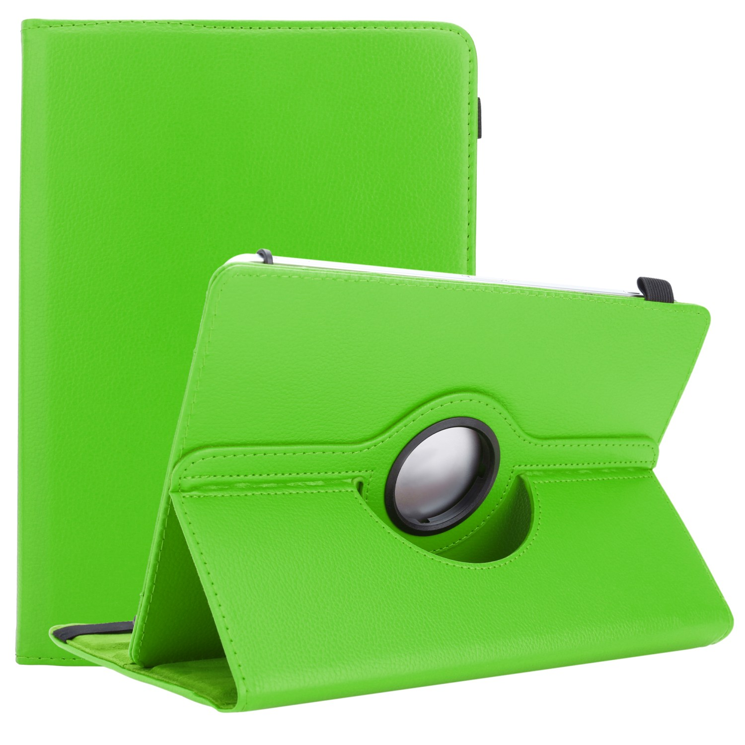 Étui vert pour tablette, ouvert, montrant le support. Vert vif et pliable.