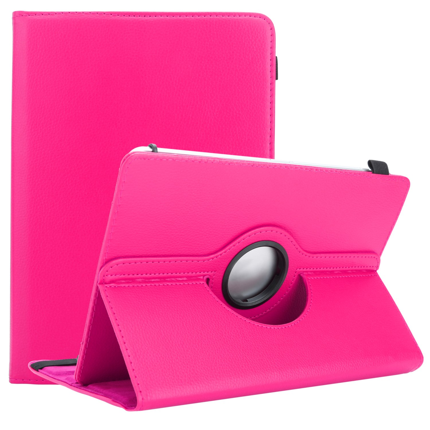Pinke Tablethülle, offen. Die Hülle ist ganz pink. Sie steht aufrecht und zeigt den Bildschirm.