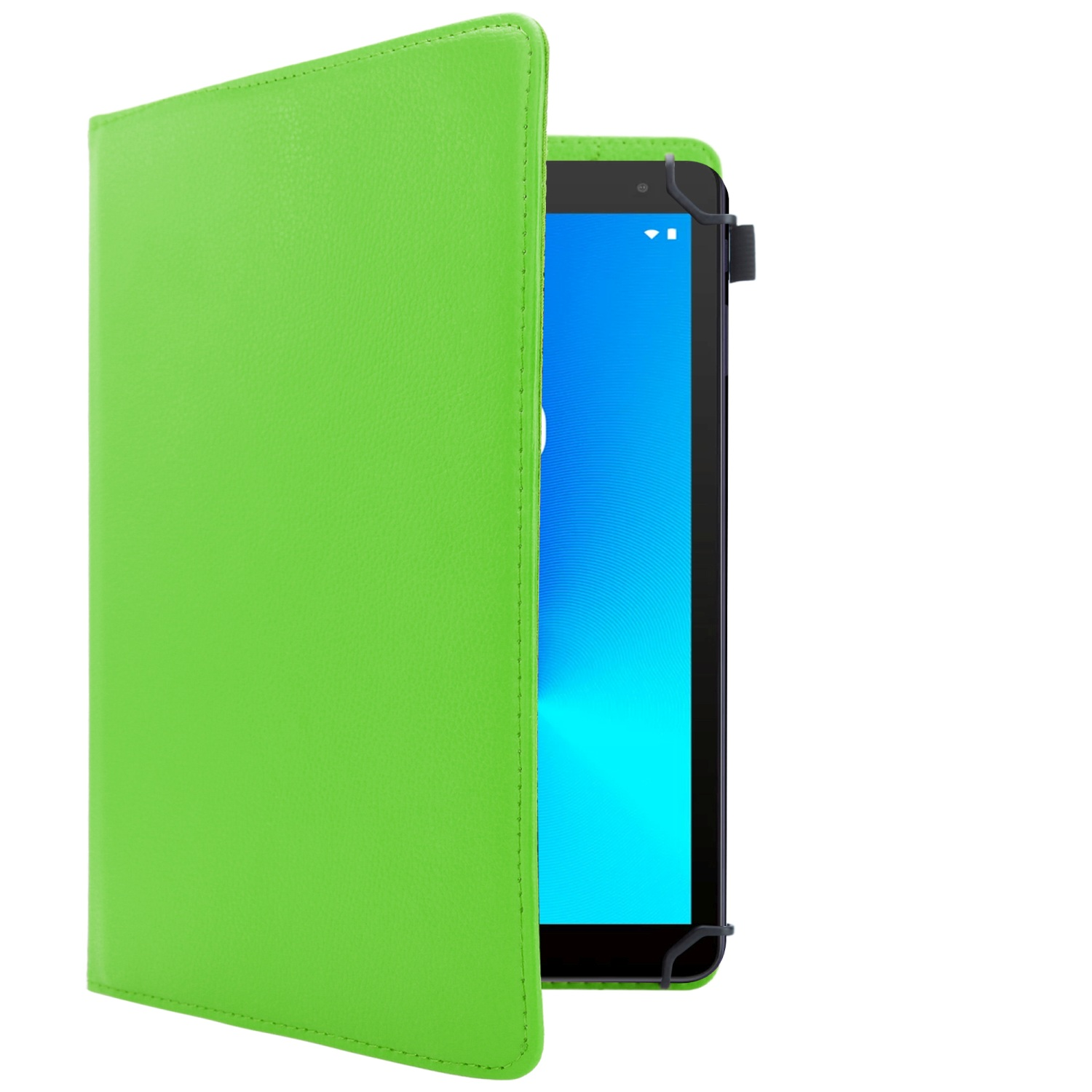 Étui de tablette vert, ouvert.