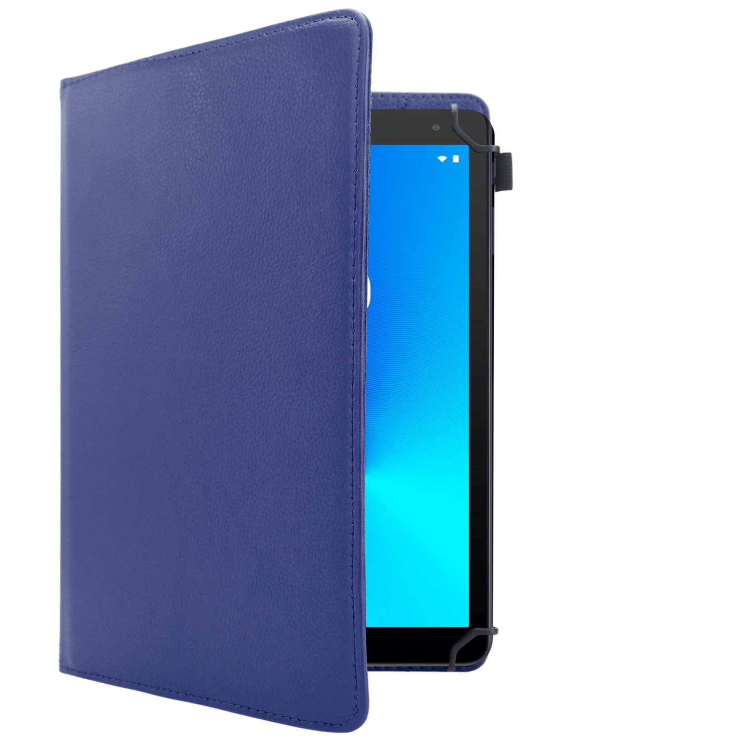 Blaue Tablet-Hülle. Blauer Bildschirm sichtbar. Weißer Hintergrund.