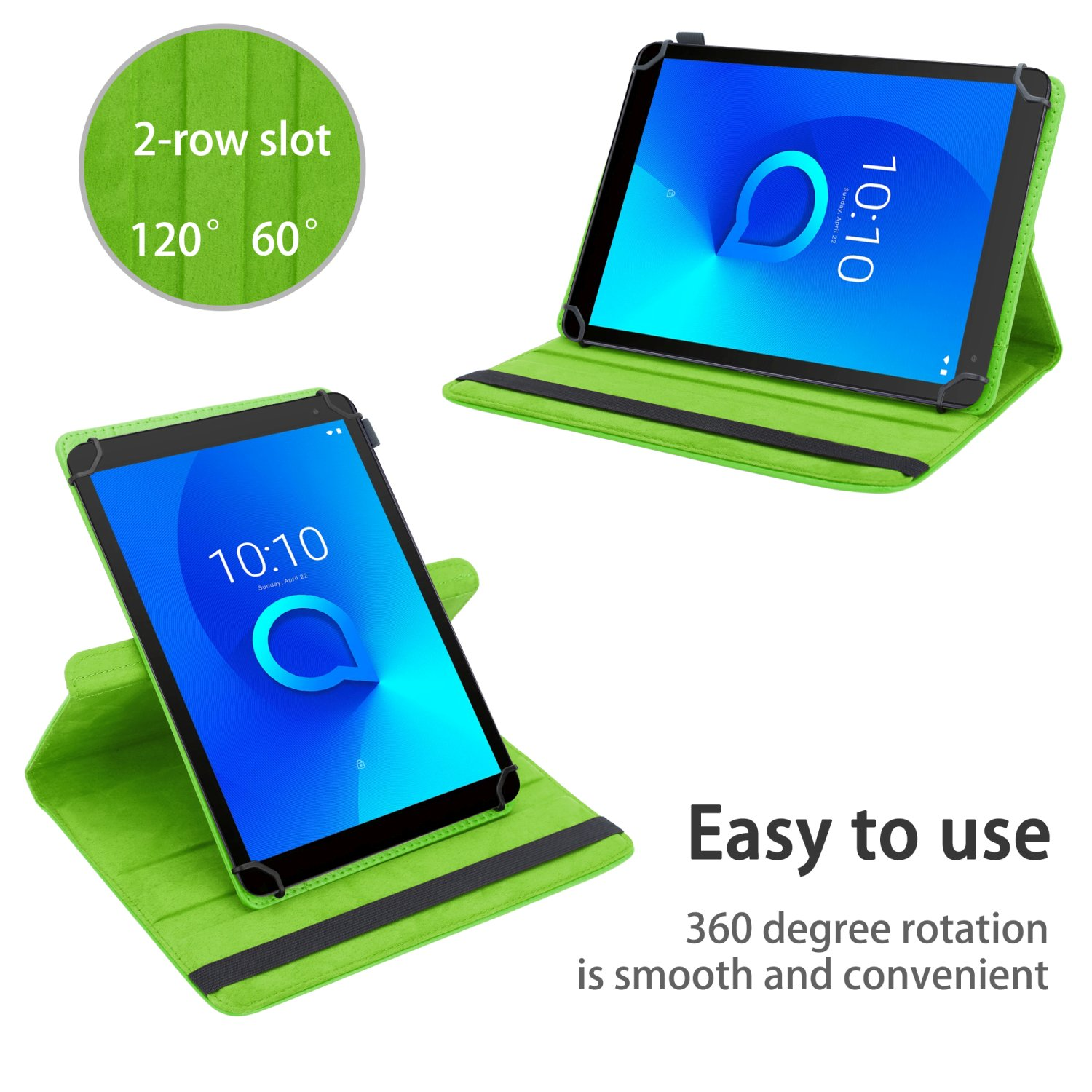 Étui de tablette vert avec tablette à l'intérieur, texte: 'Easy to use'.