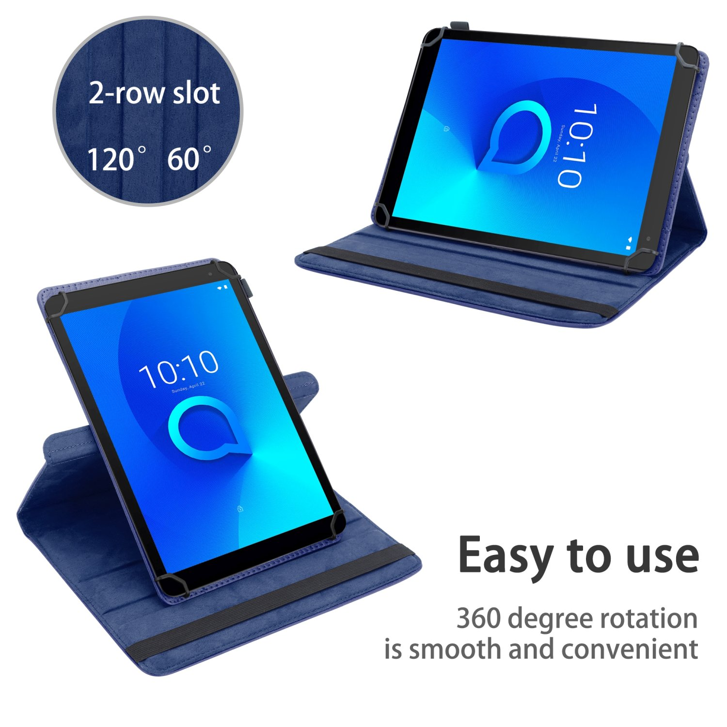Tablets in verschiedenen Positionen mit einer blauen Hülle. Der Text lautet 'Einfach zu bedienen' und '360-Grad-Drehung'.