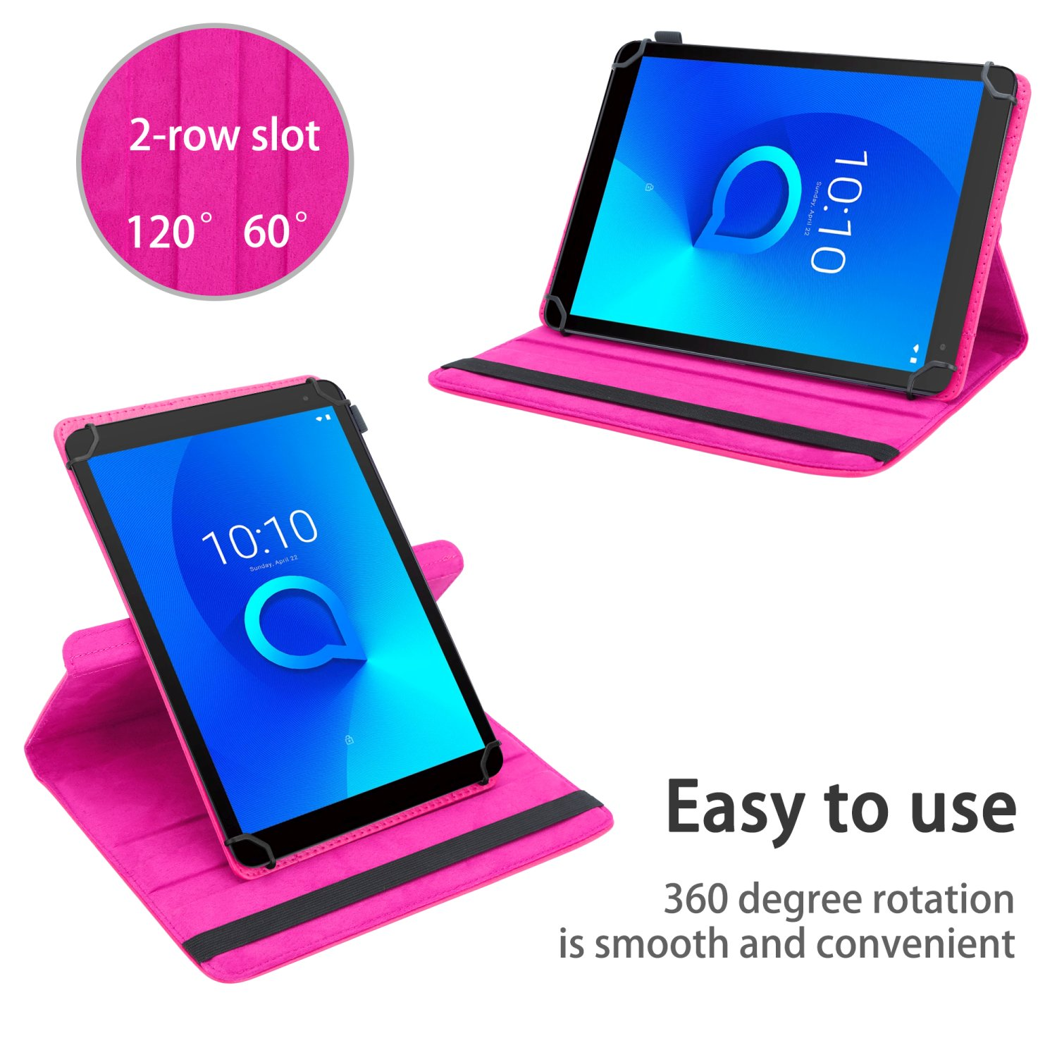 Tablet mit rosa Hülle. Tablet in einer rosa Hülle geöffnet und angezeigt, Text zeigt Nutzung.