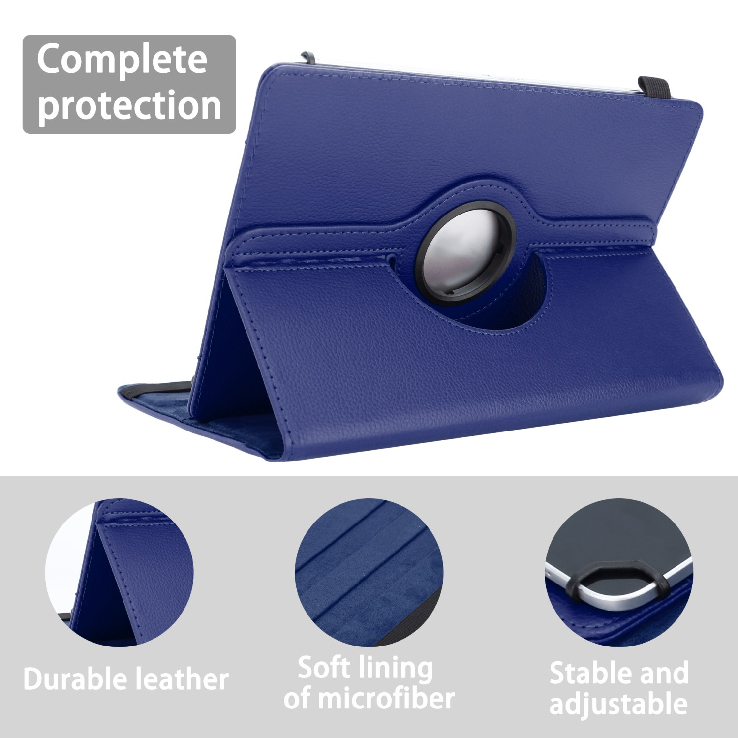 Blaue Tablet-Hülle mit Drehring. Text: Vollständiger Schutz, strapazierfähiges Leder, weiches Mikrofaserfutter.