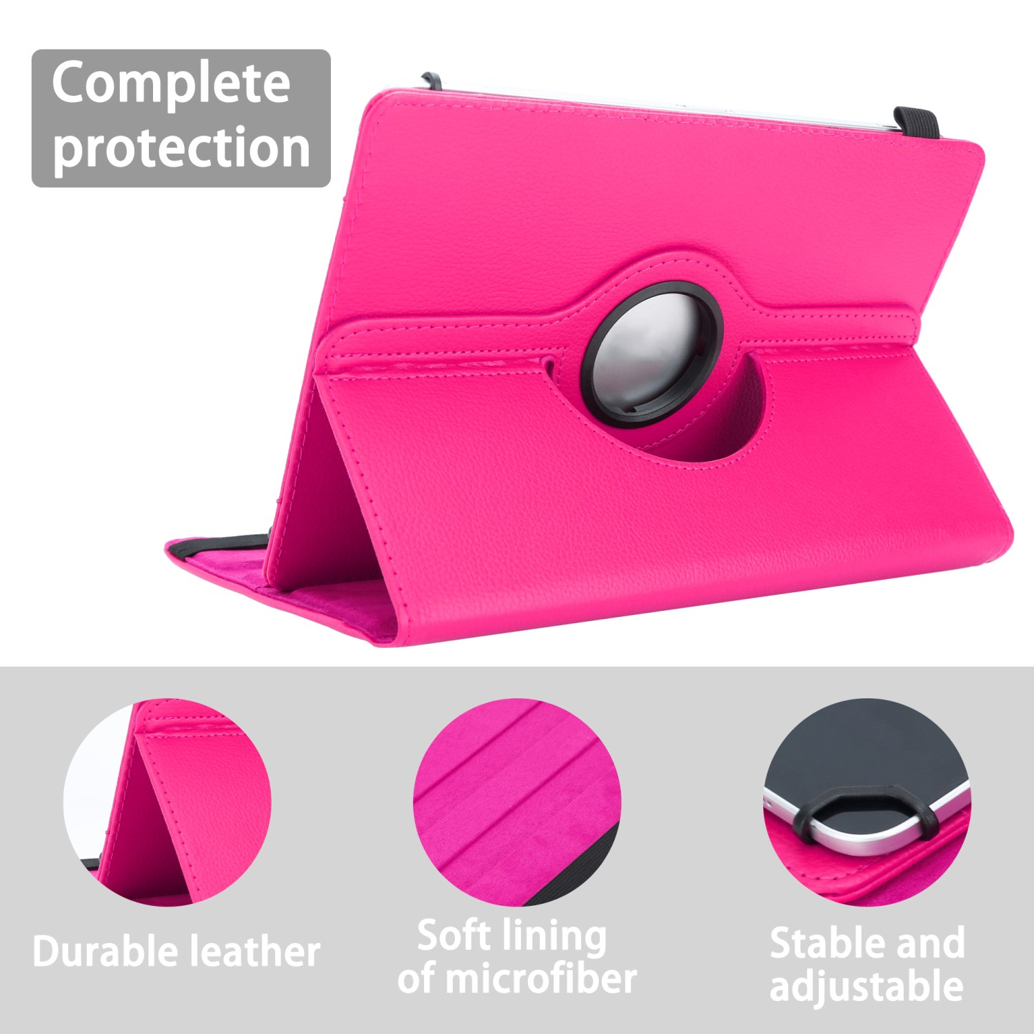 Eine pinkfarbene Tablethülle mit Drehstand. Es steht 'Kompletter Schutz' und hebt Merkmale wie Leder hervor.