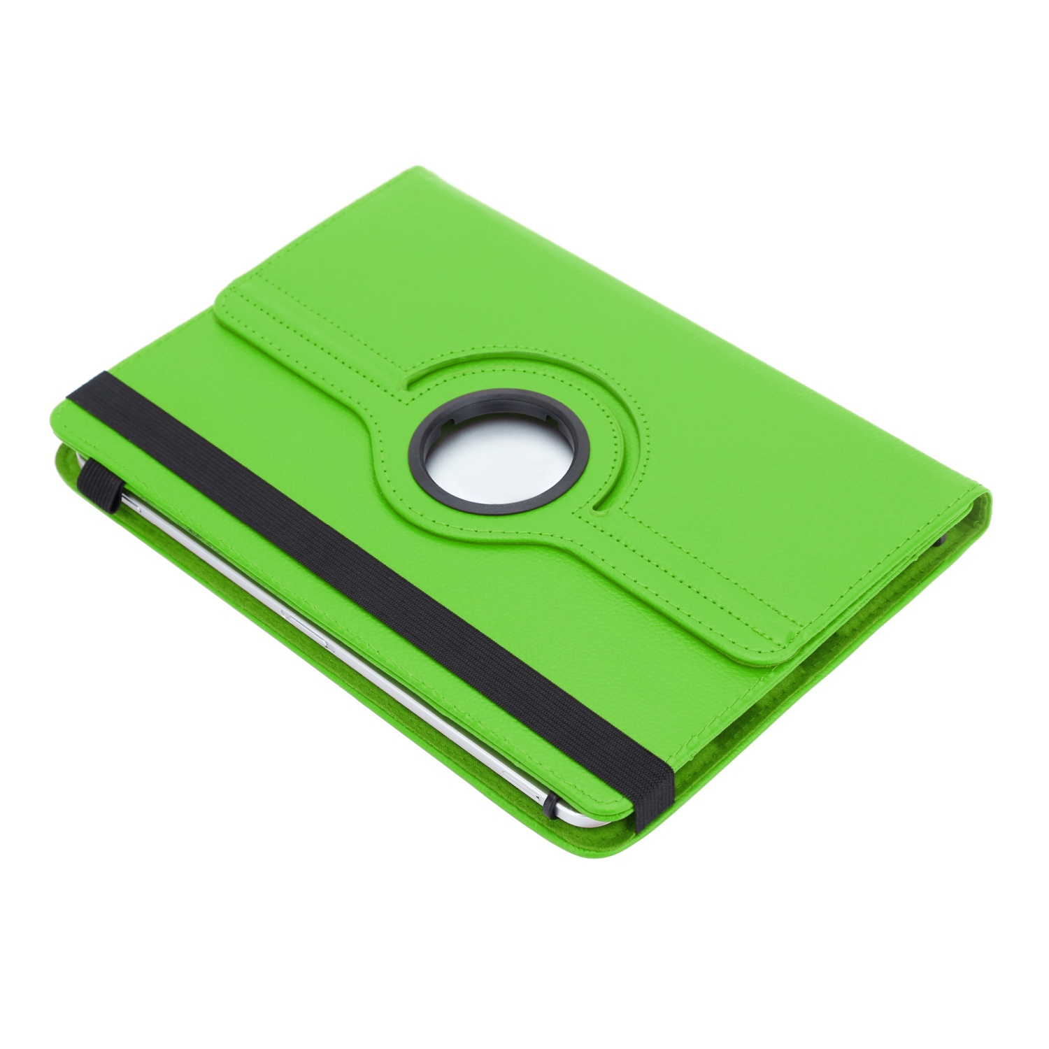 Un étui de tablette vert avec une bande élastique noire.