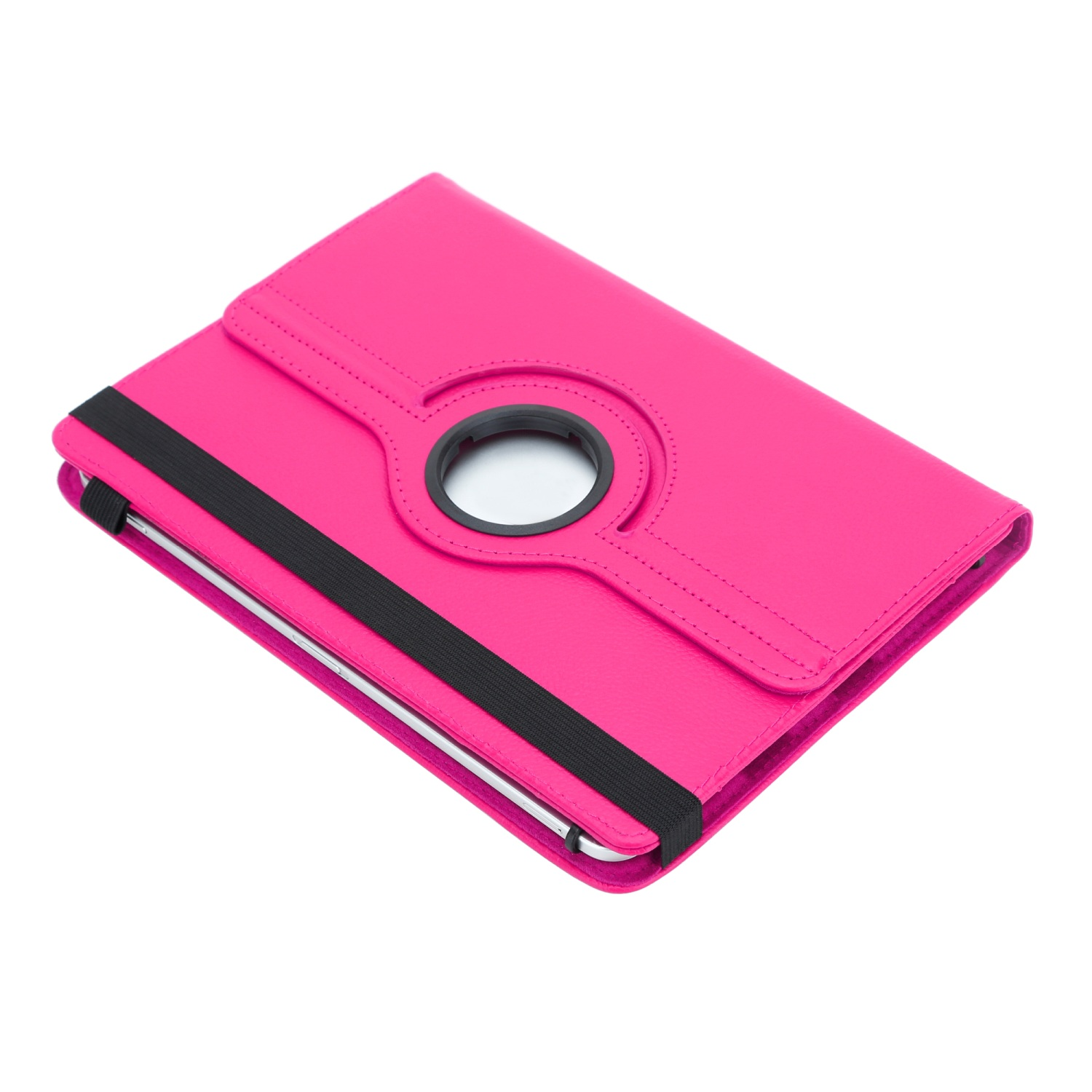 Eine pinkfarbene Tablethülle mit einem schwarzen Gummiband und einem kreisförmigen Loch für die Kamera.