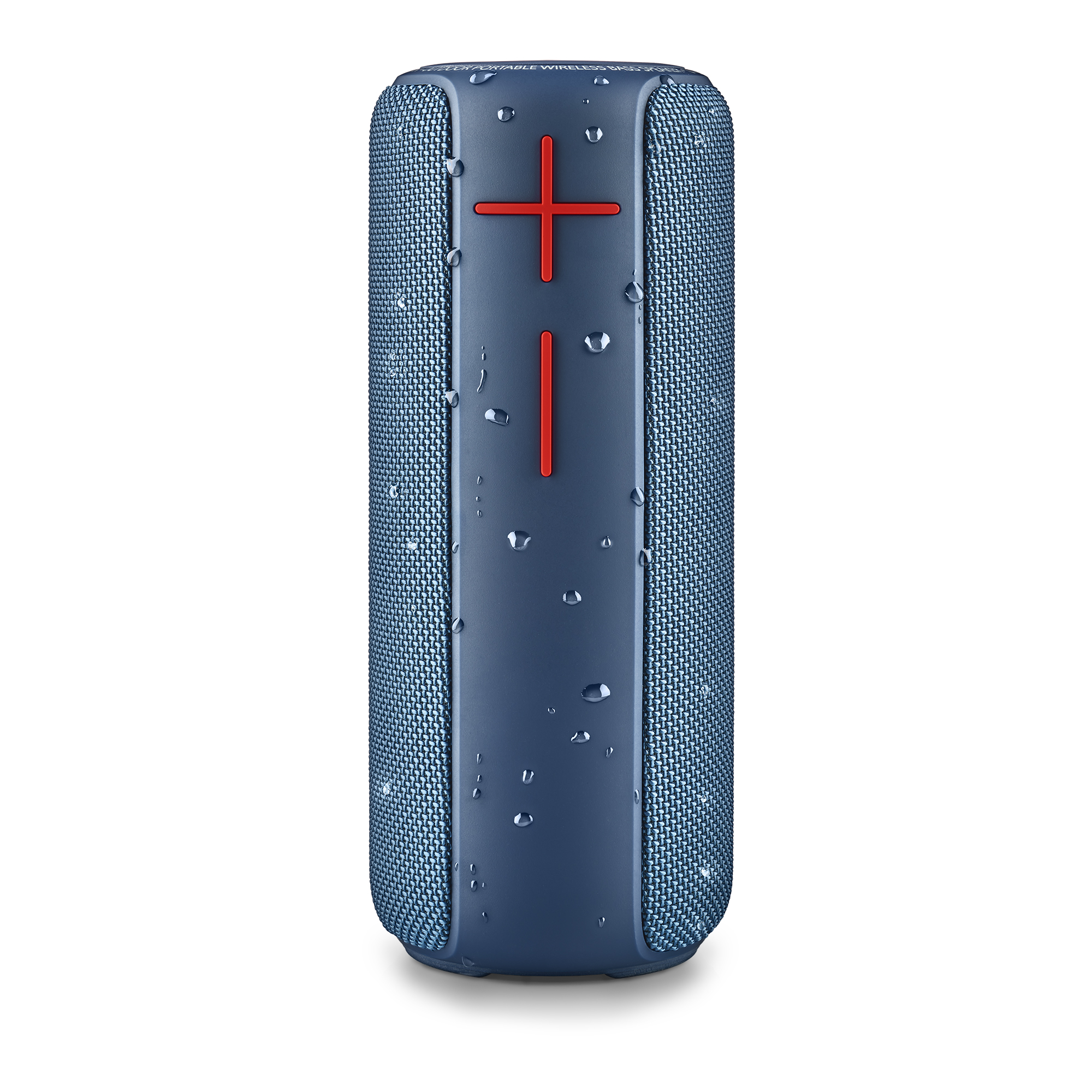 Altavoz azul con signo más rojo y gotas de agua, fondo blanco.