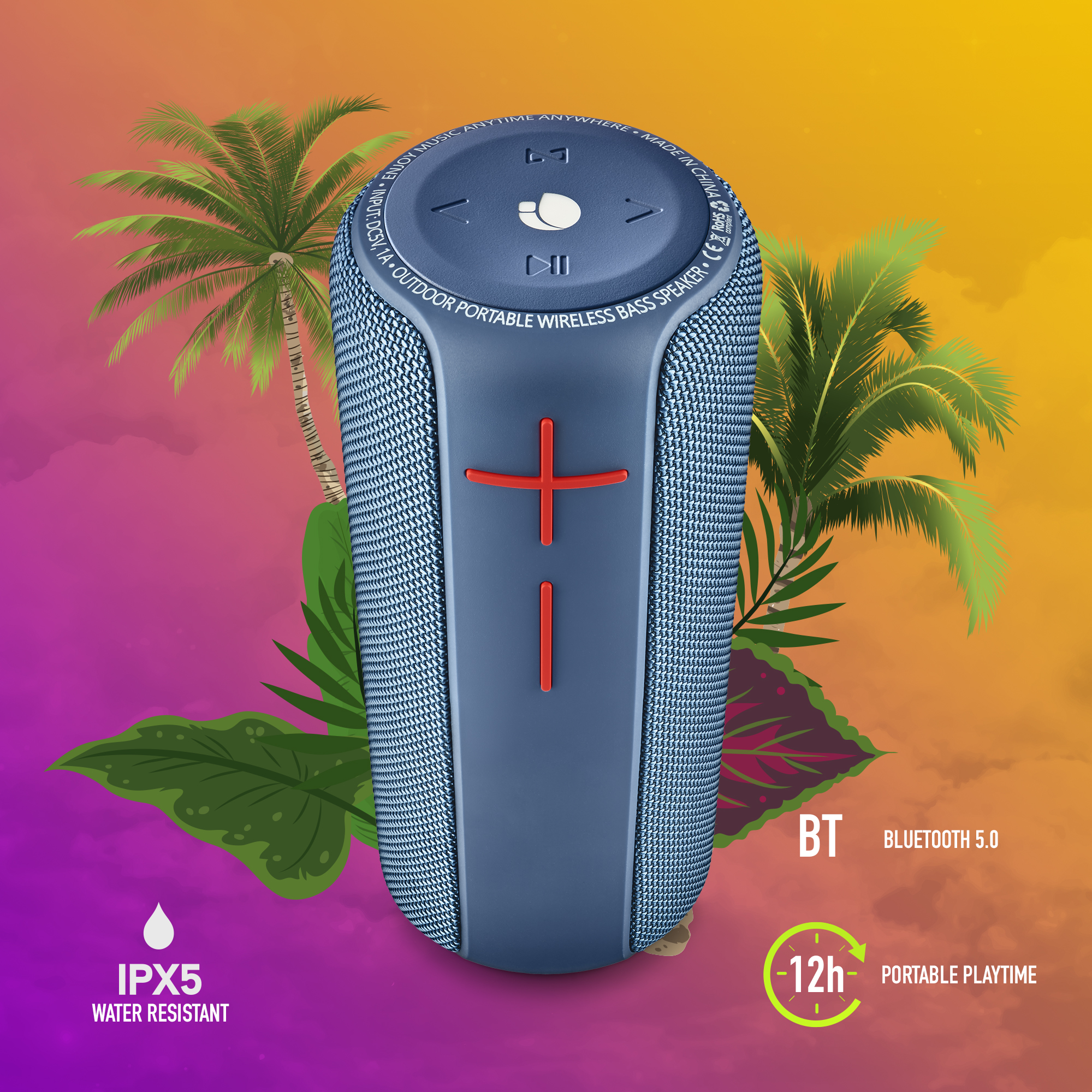 Altavoz azul con detalles rojos y texto. El altavoz tiene una cruz roja y texto.