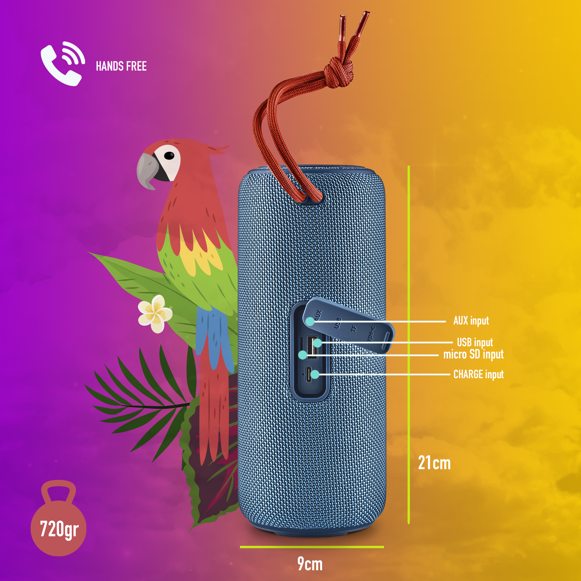 Altavoz azul con cuerda roja. Loro y medidas en el lateral.