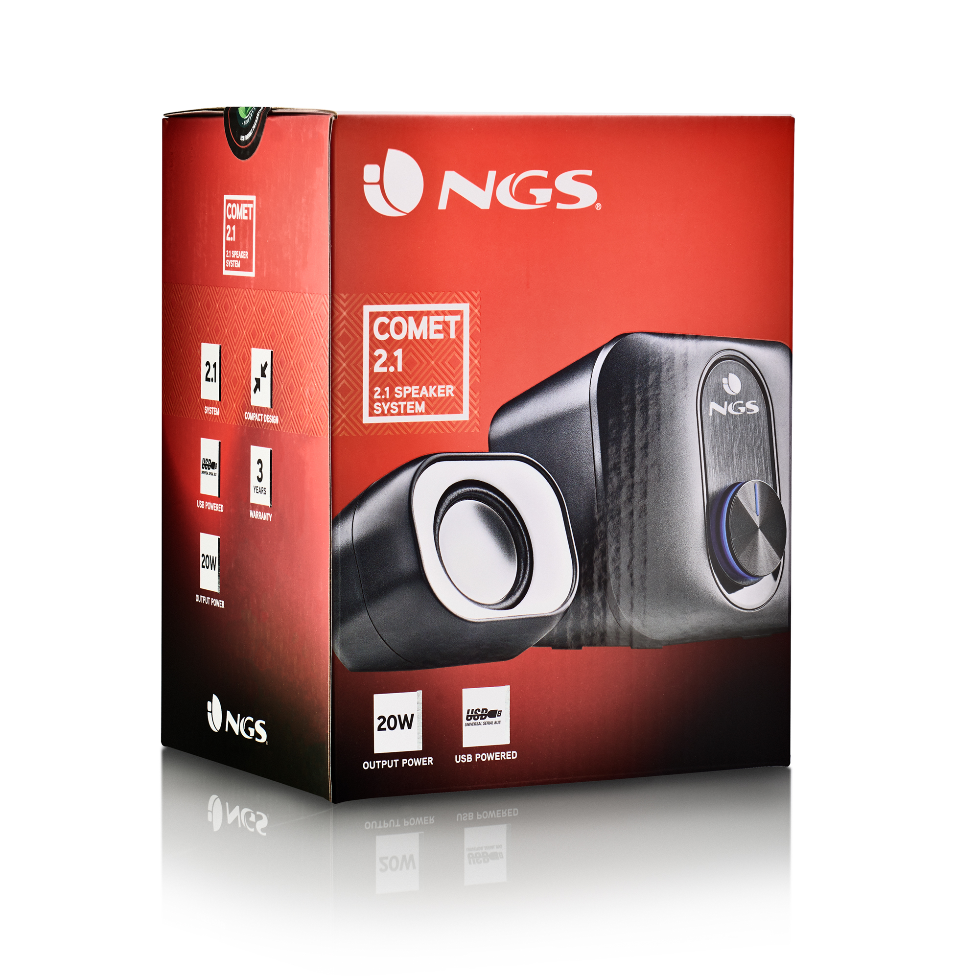 Caja de altavoces roja y negra con imagen del sistema de altavoces.
