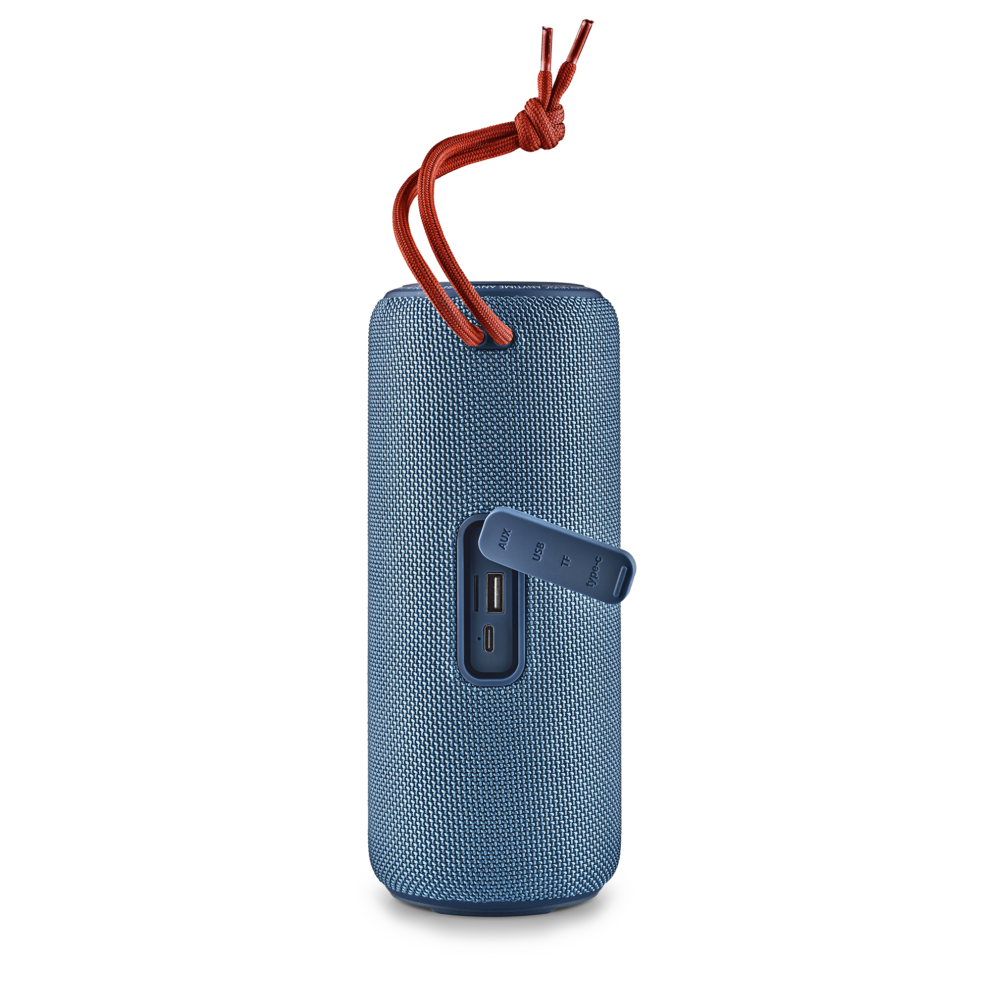 Altavoz azul con cable naranja. Tiene un puerto USB.